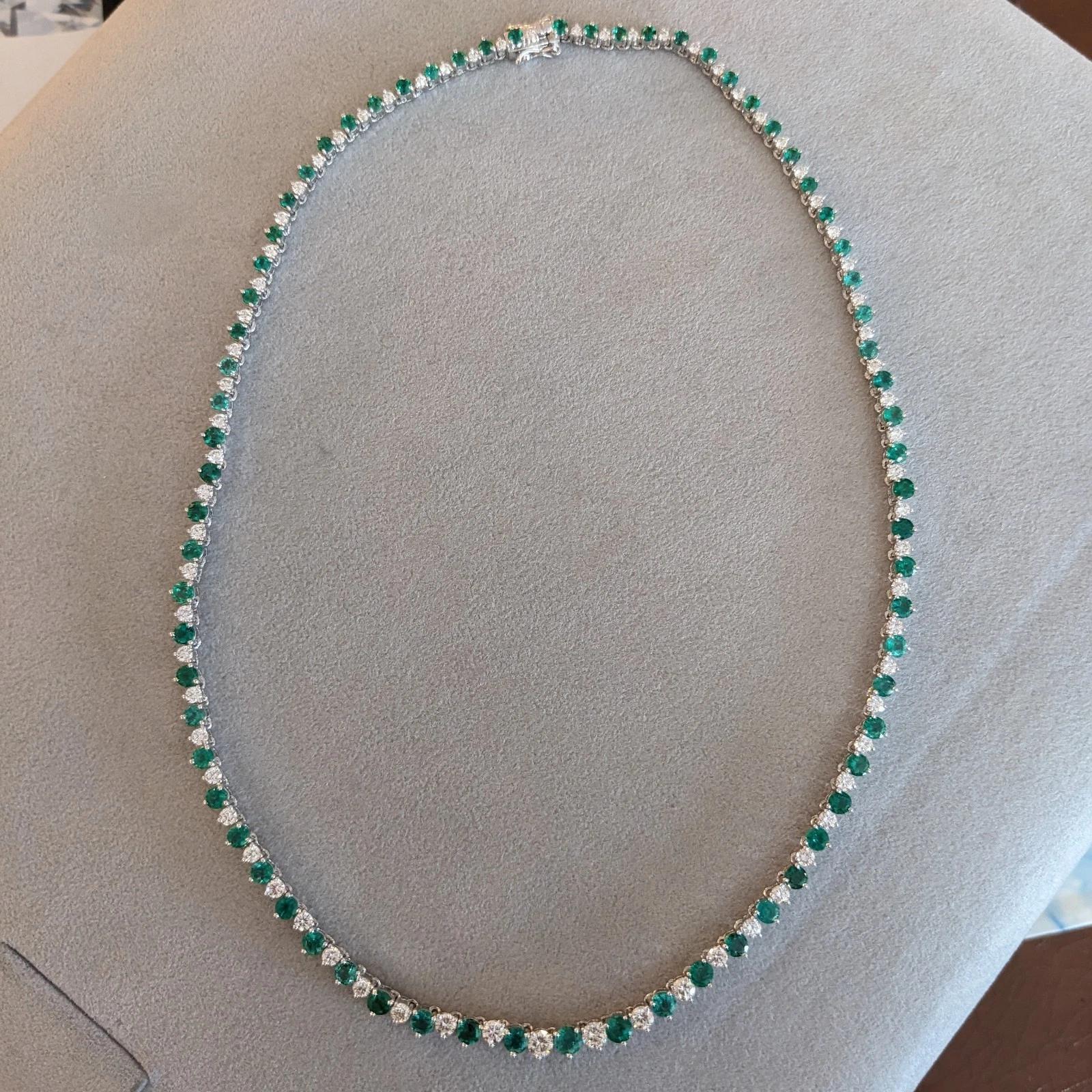Round Cut Emerald & Diamond Riviera Tennis Necklace 16.75