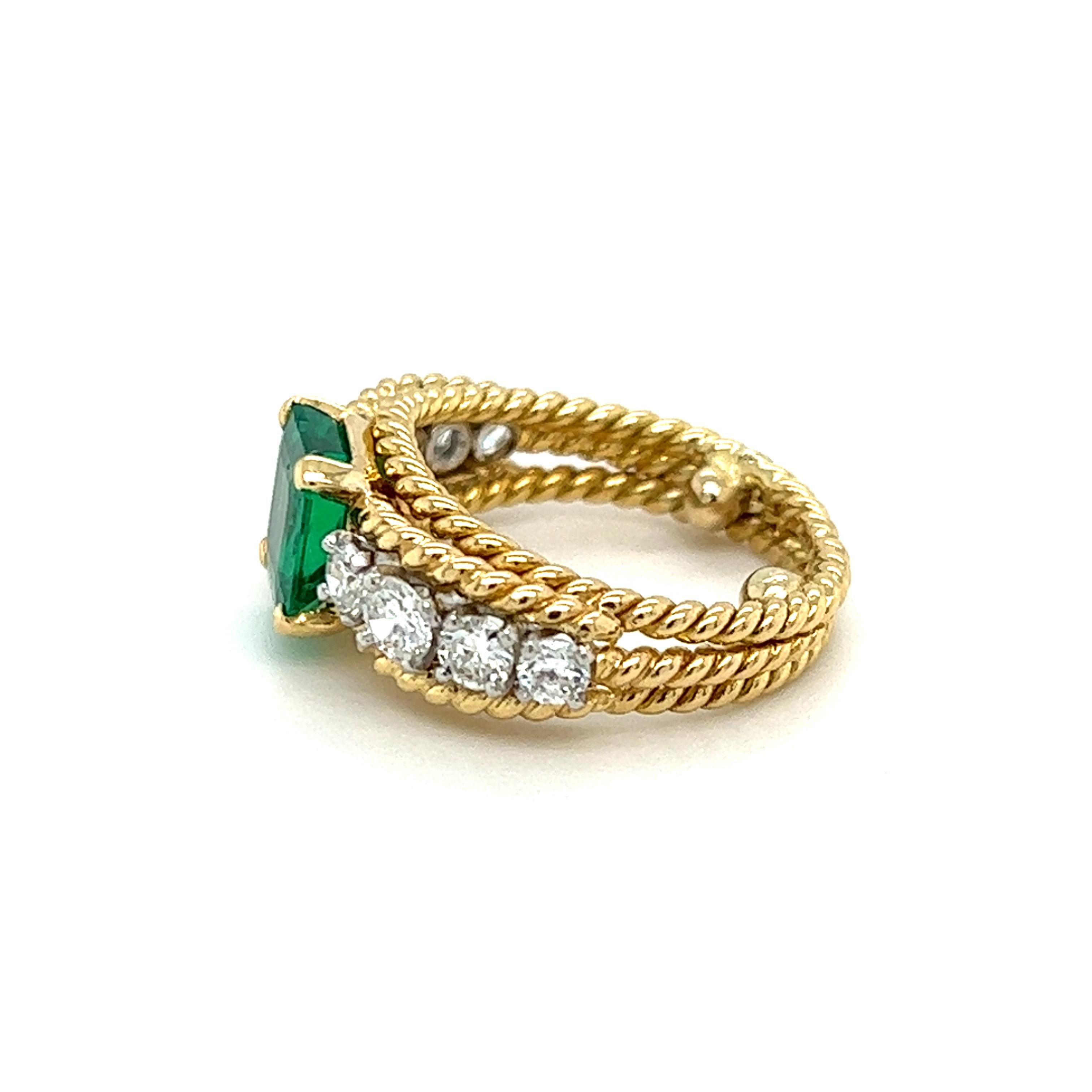 Emerald Cut Emerald & Diamond Rope Design Ring in 14K Yellow Gold  For Sale