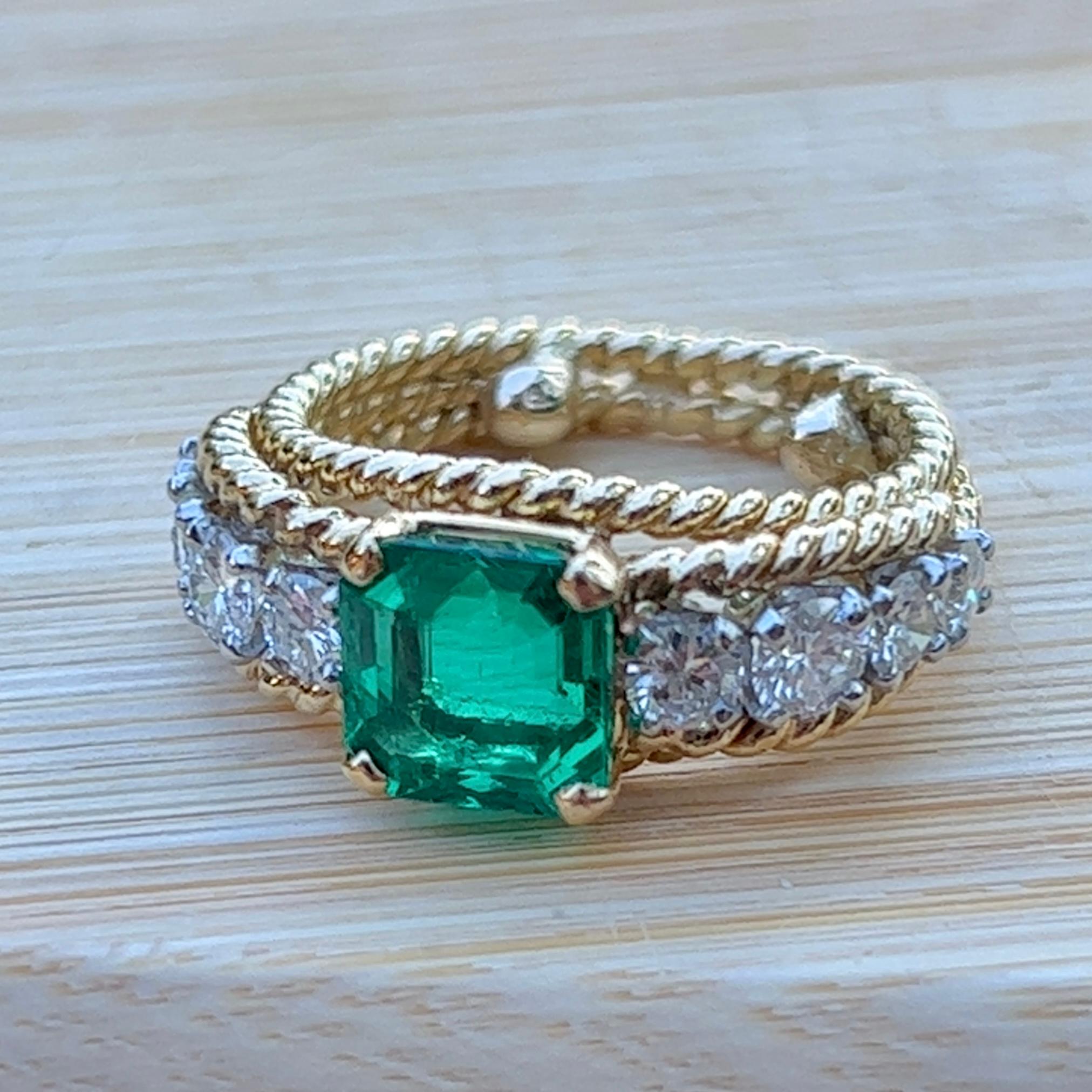 Women's Emerald & Diamond Rope Design Ring in 14K Yellow Gold  For Sale