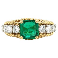 Retro Emerald & Diamond Rope Design Ring in 14K Yellow Gold 