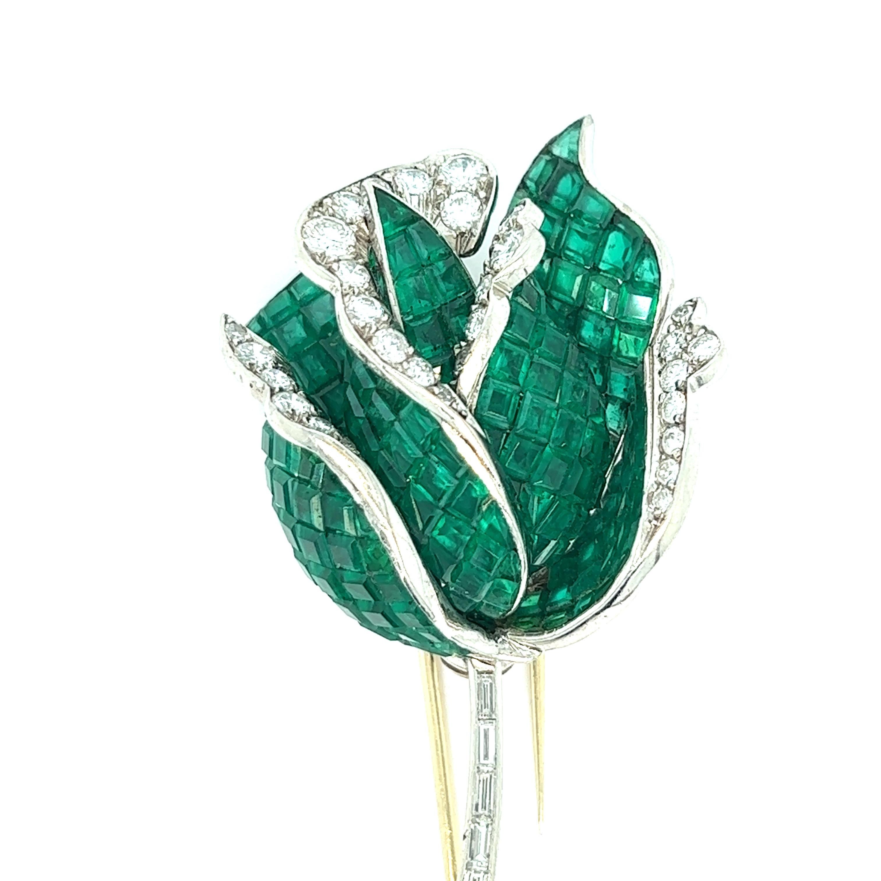 Mixed Cut Emerald Diamond Rose Brooch For Sale