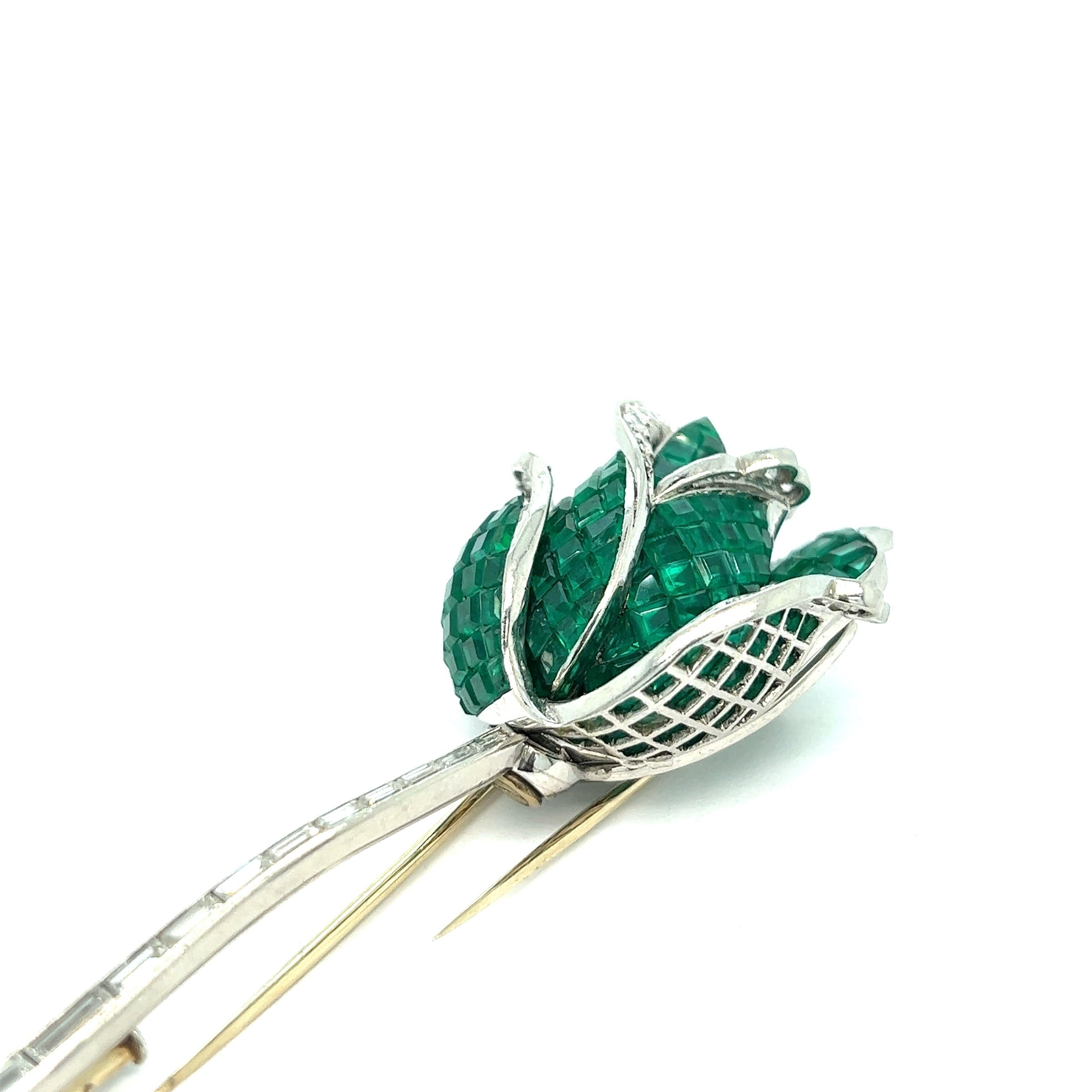 Emerald Diamond Rose Brooch For Sale 1
