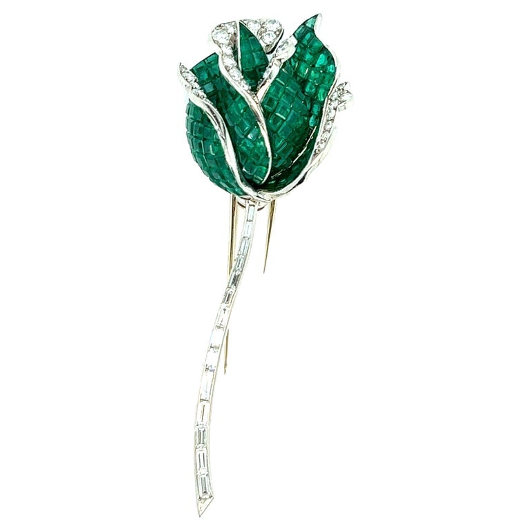 Emerald Diamond Rose Brooch For Sale at 1stDibs