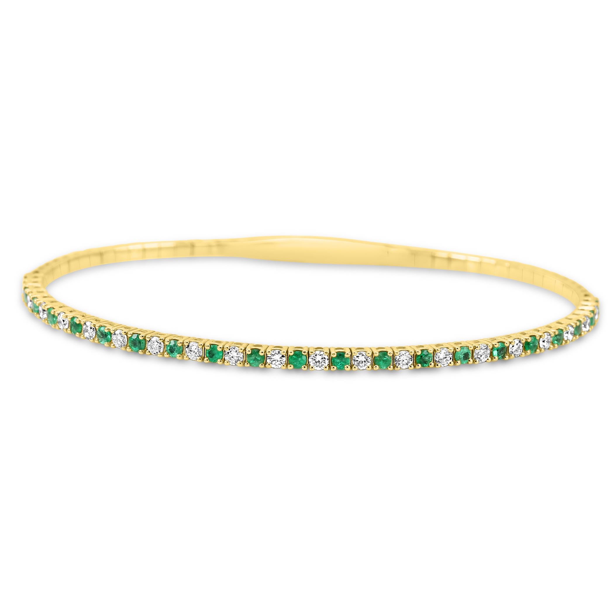Bracelet jonc à la mode flexible en or jaune 14 carats avec émeraudes et diamants ronds de 0,93 carat en vente