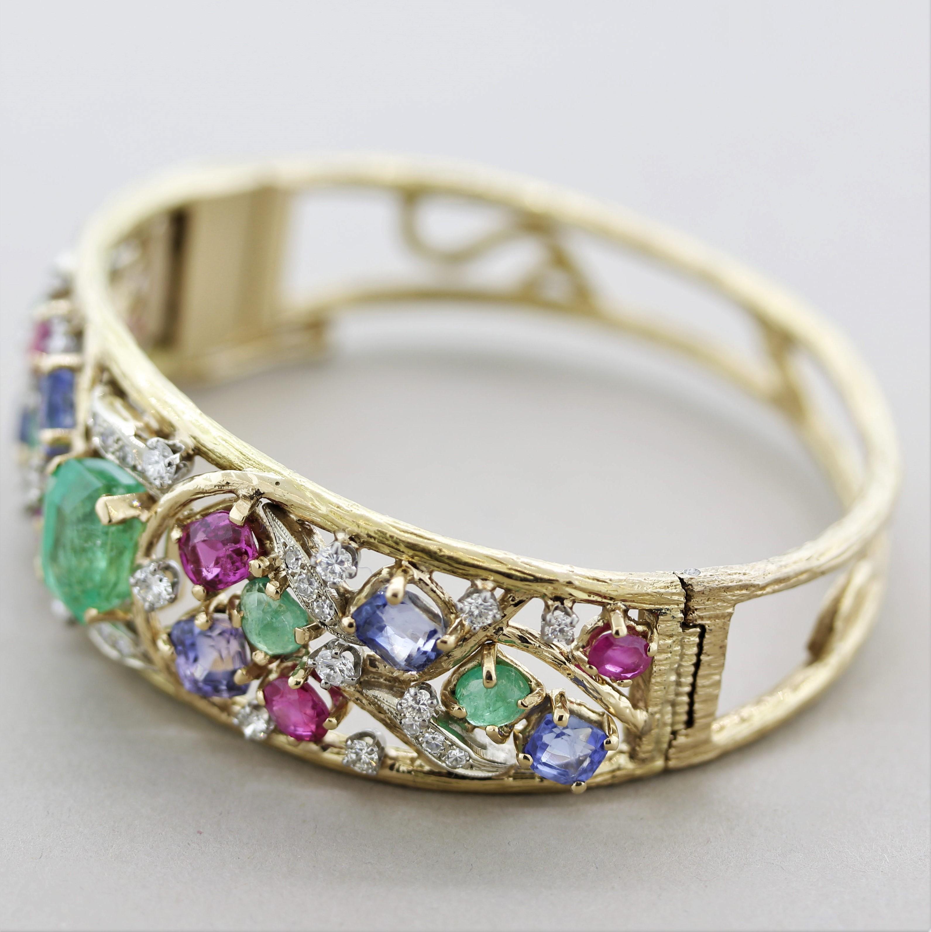 Mixed Cut Emerald Diamond Ruby Sapphire Gold Bangle Bracelet