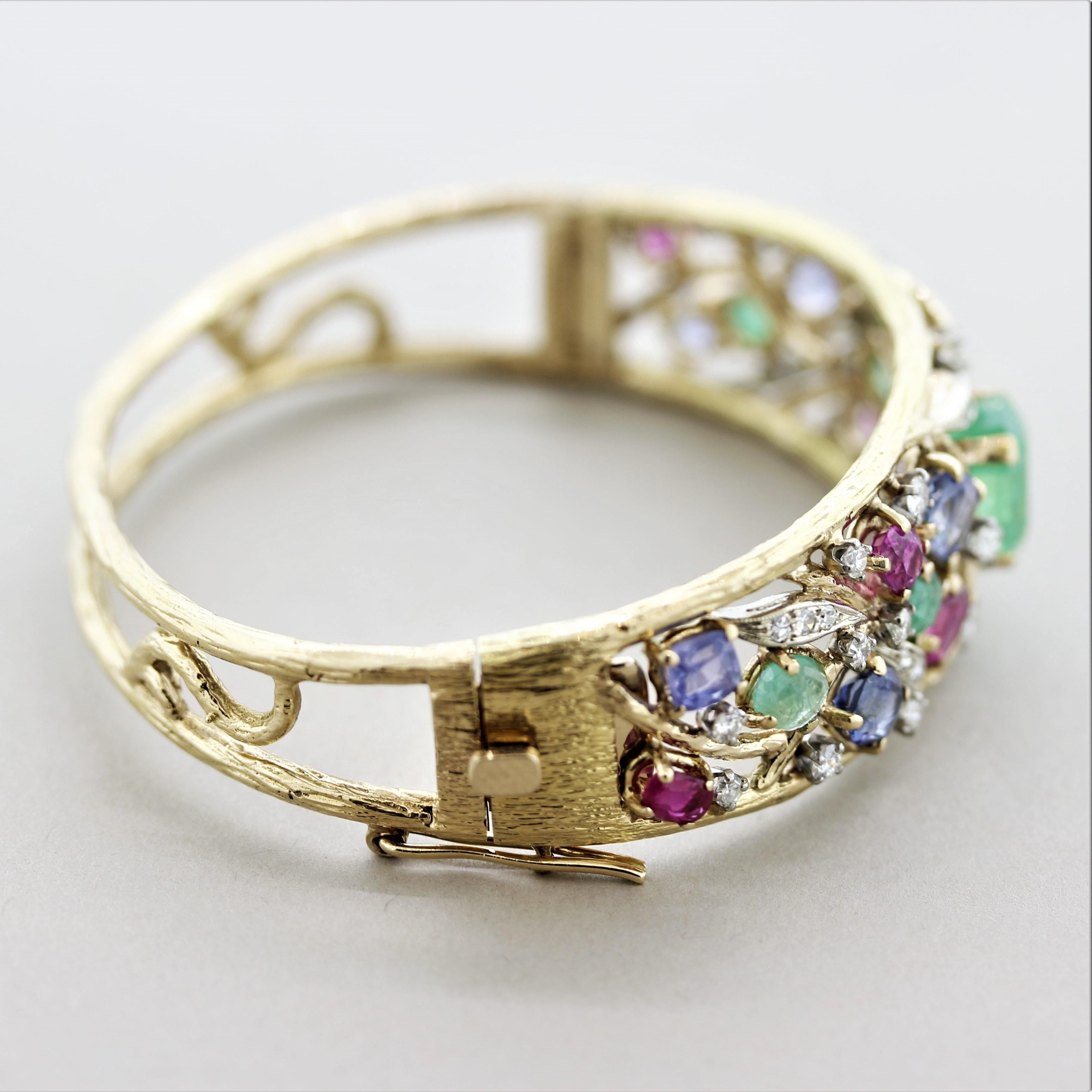 Women's Emerald Diamond Ruby Sapphire Gold Bangle Bracelet