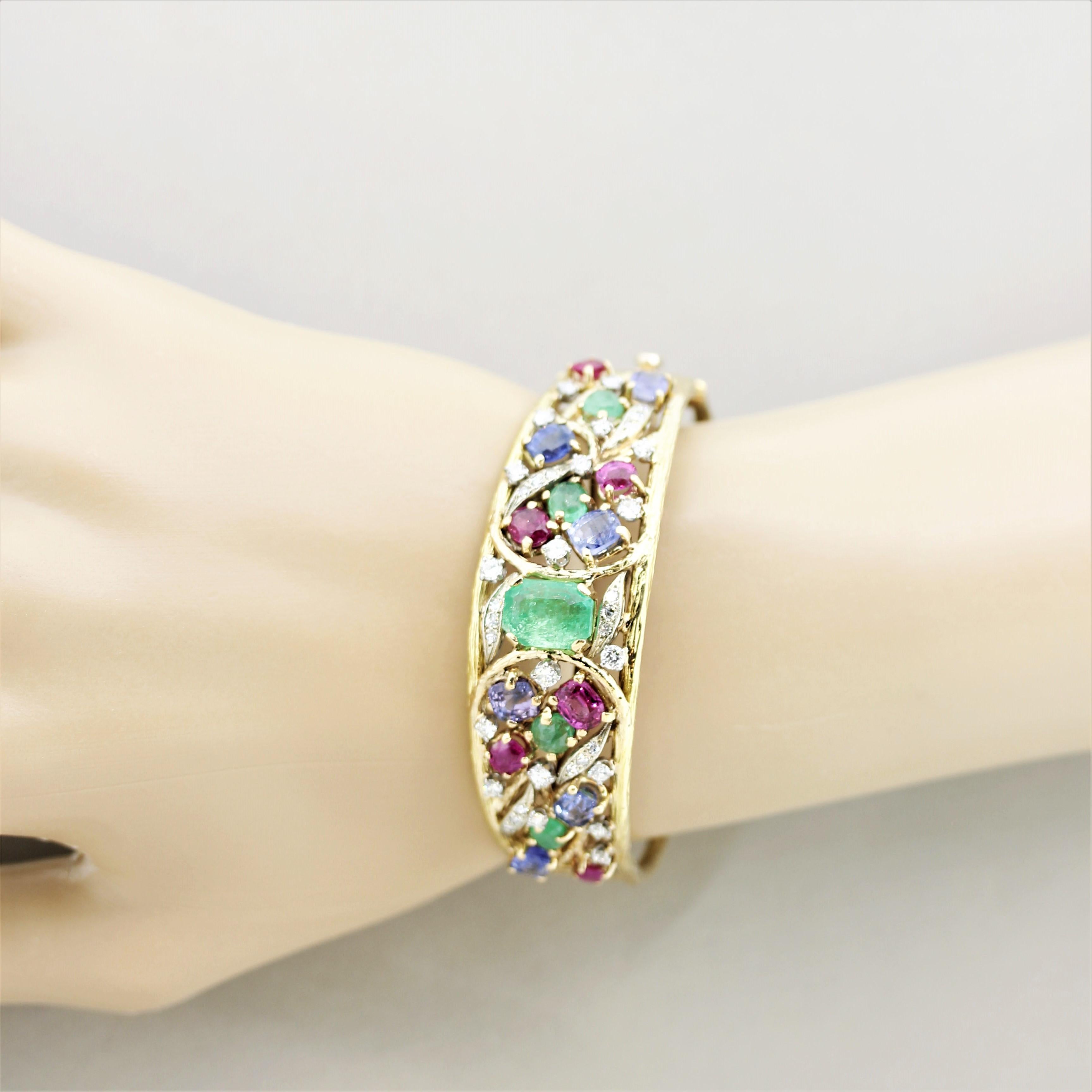 Emerald Diamond Ruby Sapphire Gold Bangle Bracelet 2