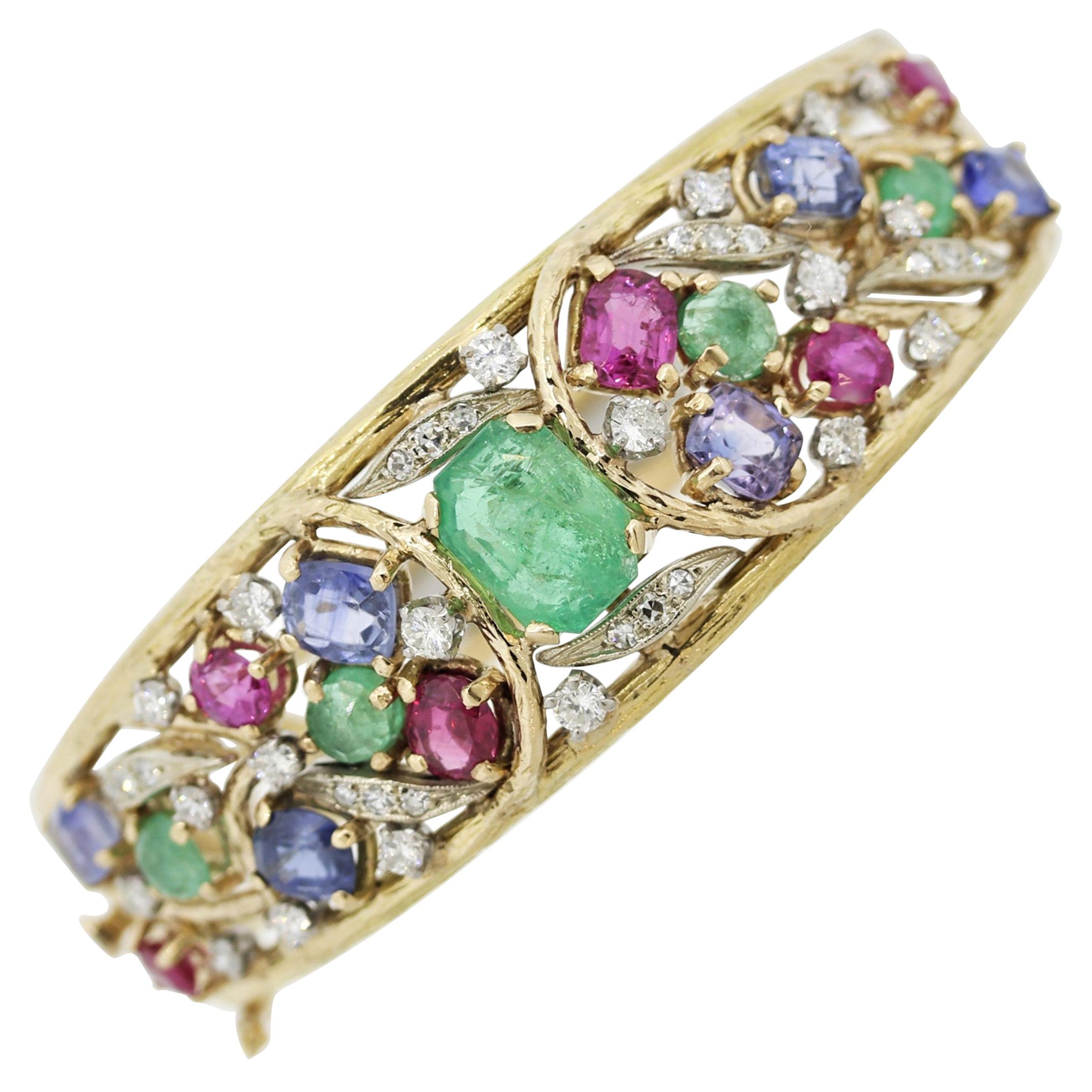 Emerald Diamond Ruby Sapphire Gold Bangle Bracelet