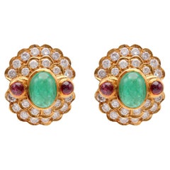 Vintage Emerald Diamond Ruby Yellow Gold Cluster Earrings