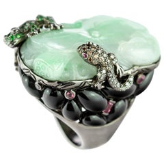 Emerald Diamond Saphhire Onyx Frog Salamander 18 Colored Gold Druzy Unique Ring