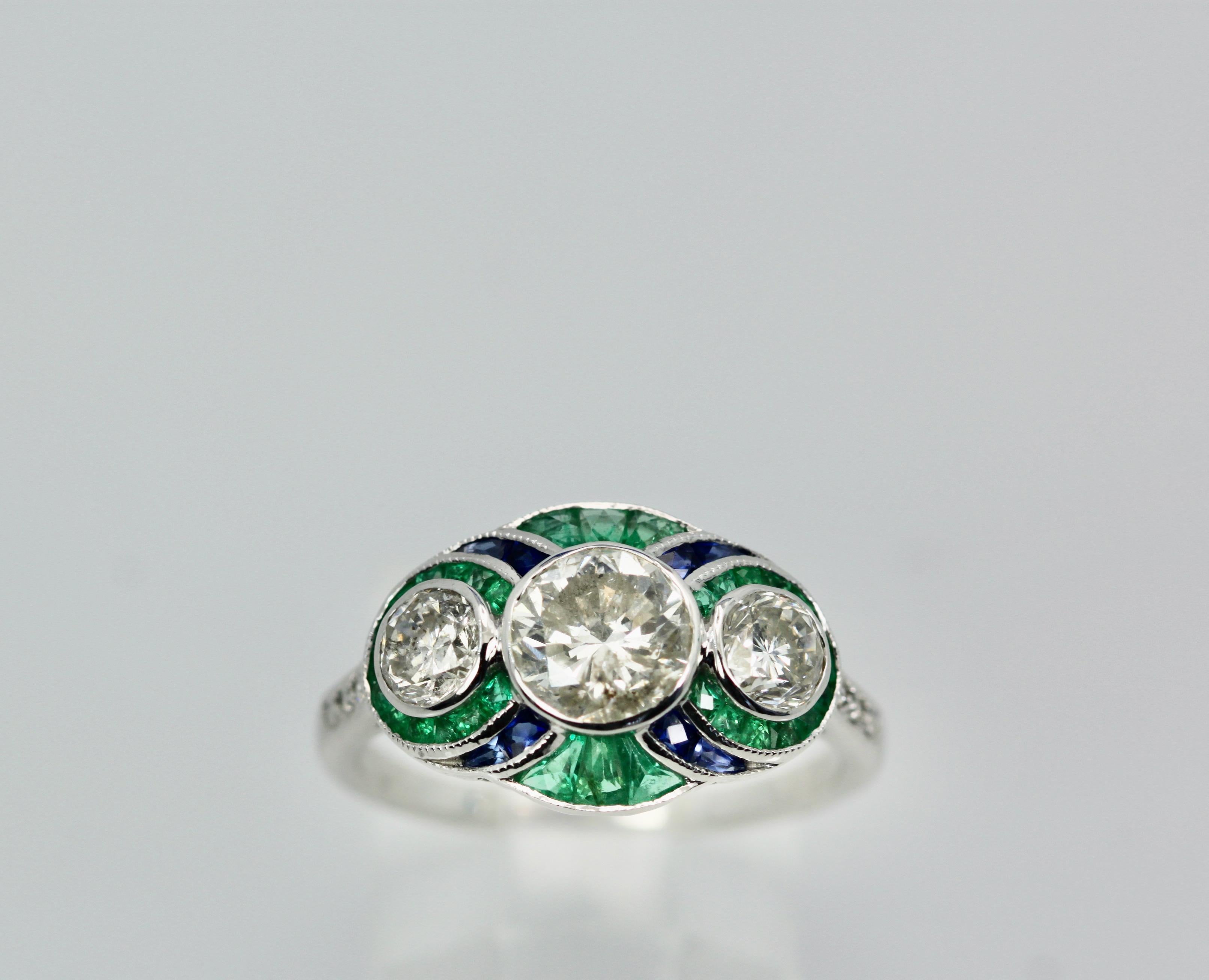 Art Deco Emerald Diamond Sapphire 18K Ring