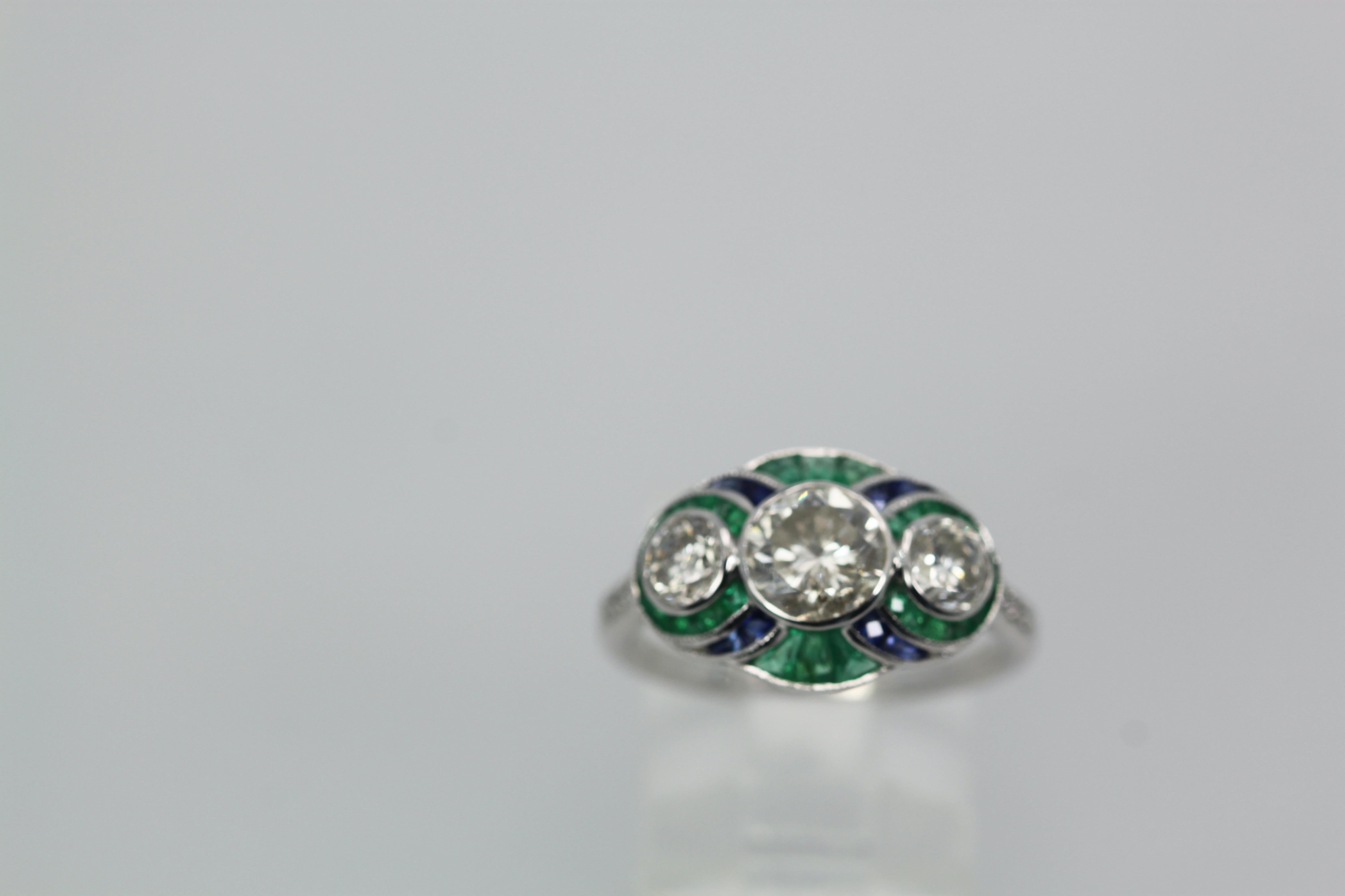 Women's Emerald Diamond Sapphire 18K Ring