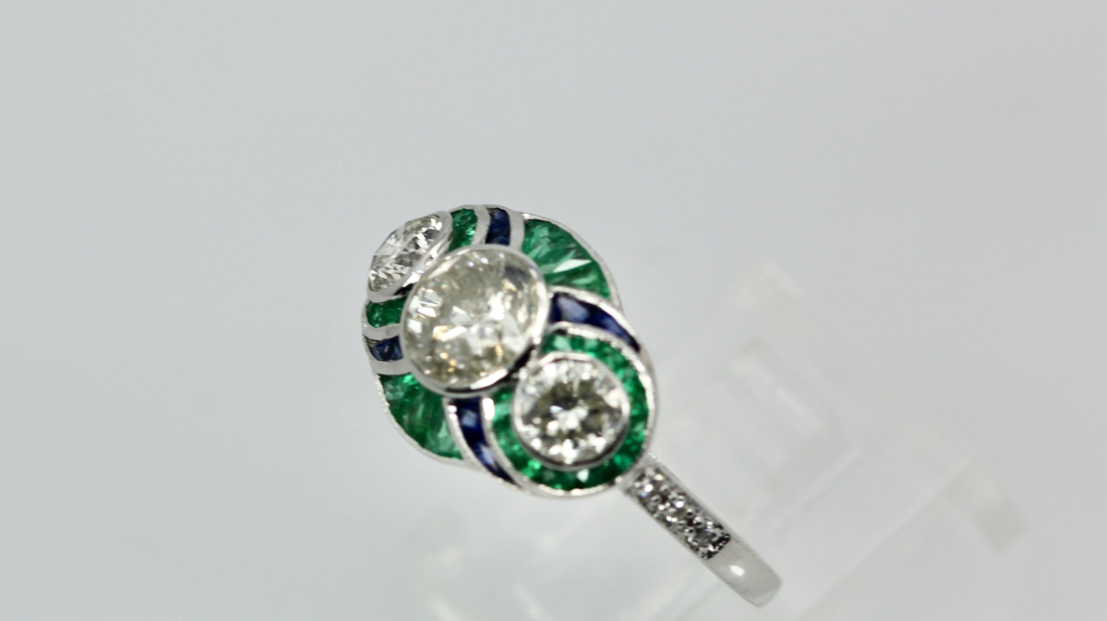 Emerald Diamond Sapphire 18K Ring 1