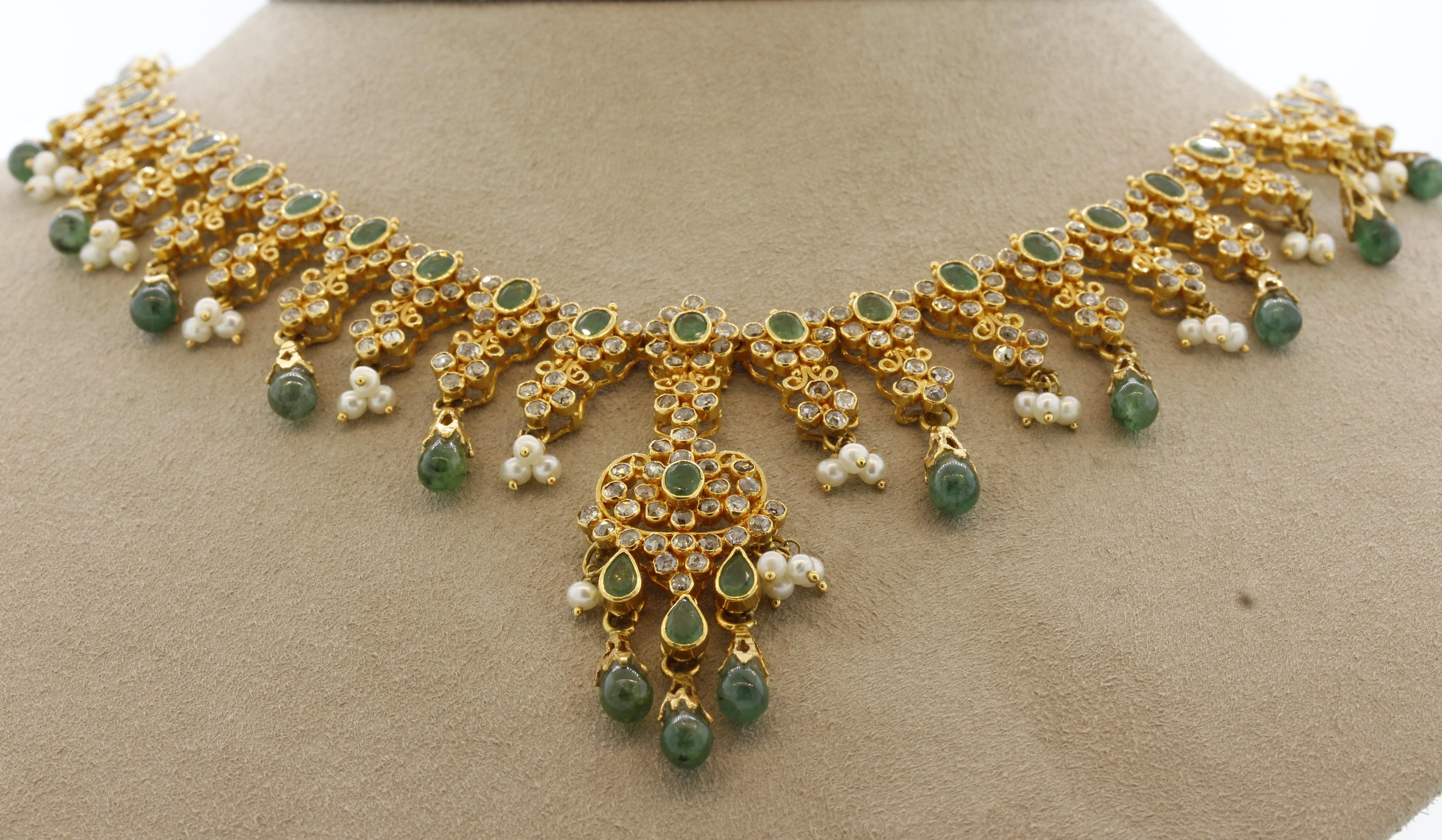 Cabochon Emerald Diamond Seed-Pearl High-Karat Gold Necklace For Sale