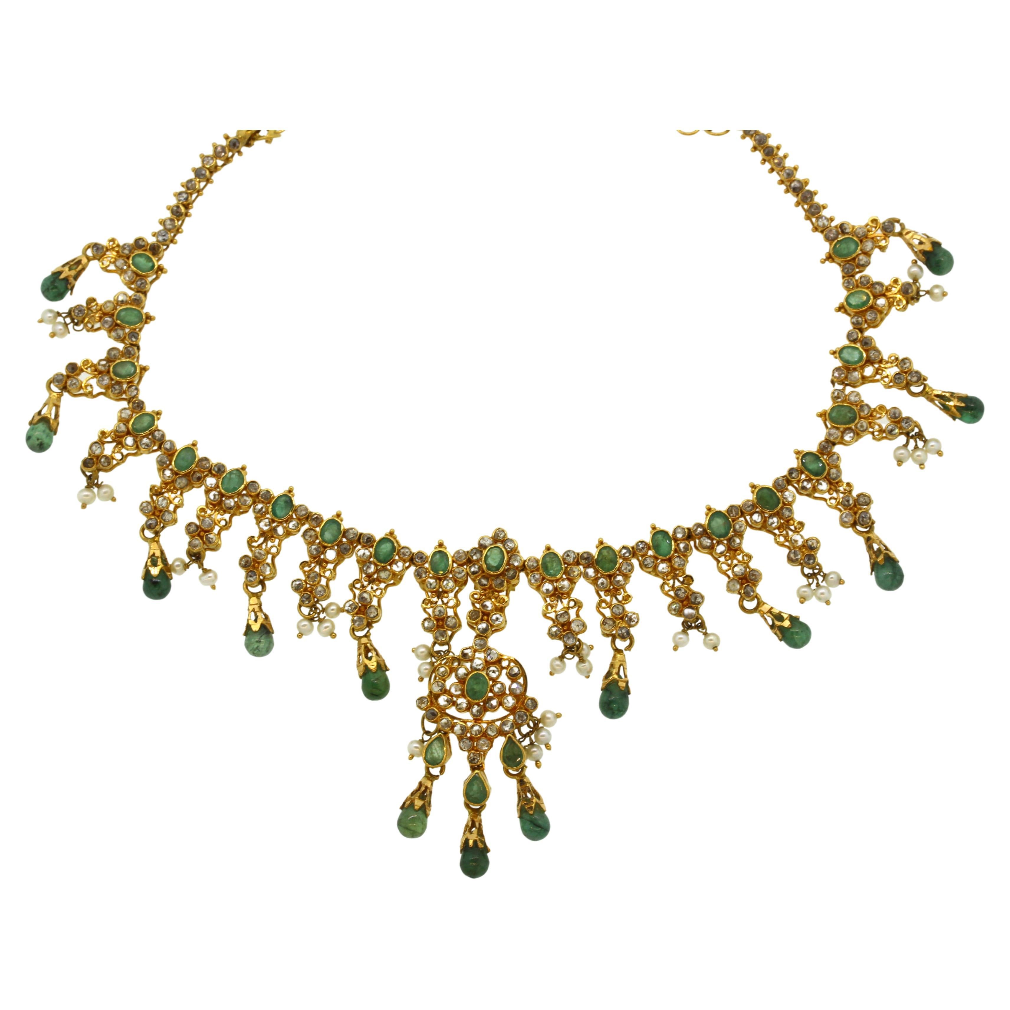 Emerald Diamond Seed-Pearl High-Karat Gold Necklace For Sale