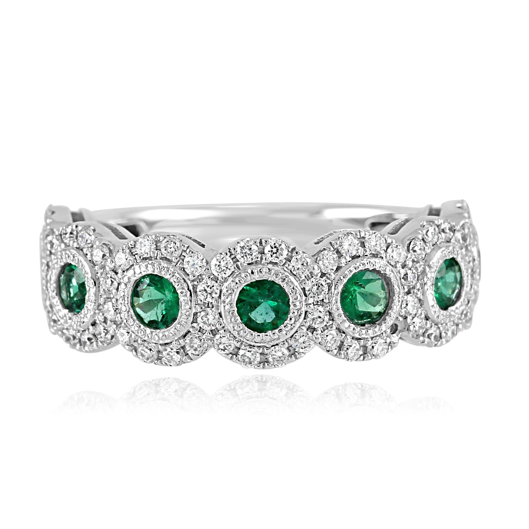7 Emerald Round 0.61 Carat in a halo of white diamond 0.5O carat in 14k White Gold Stackable Fashion Cocktail  Band Ring.

Emerald Round Weight 0.61 Carat
Total Weight 1.11 Carat