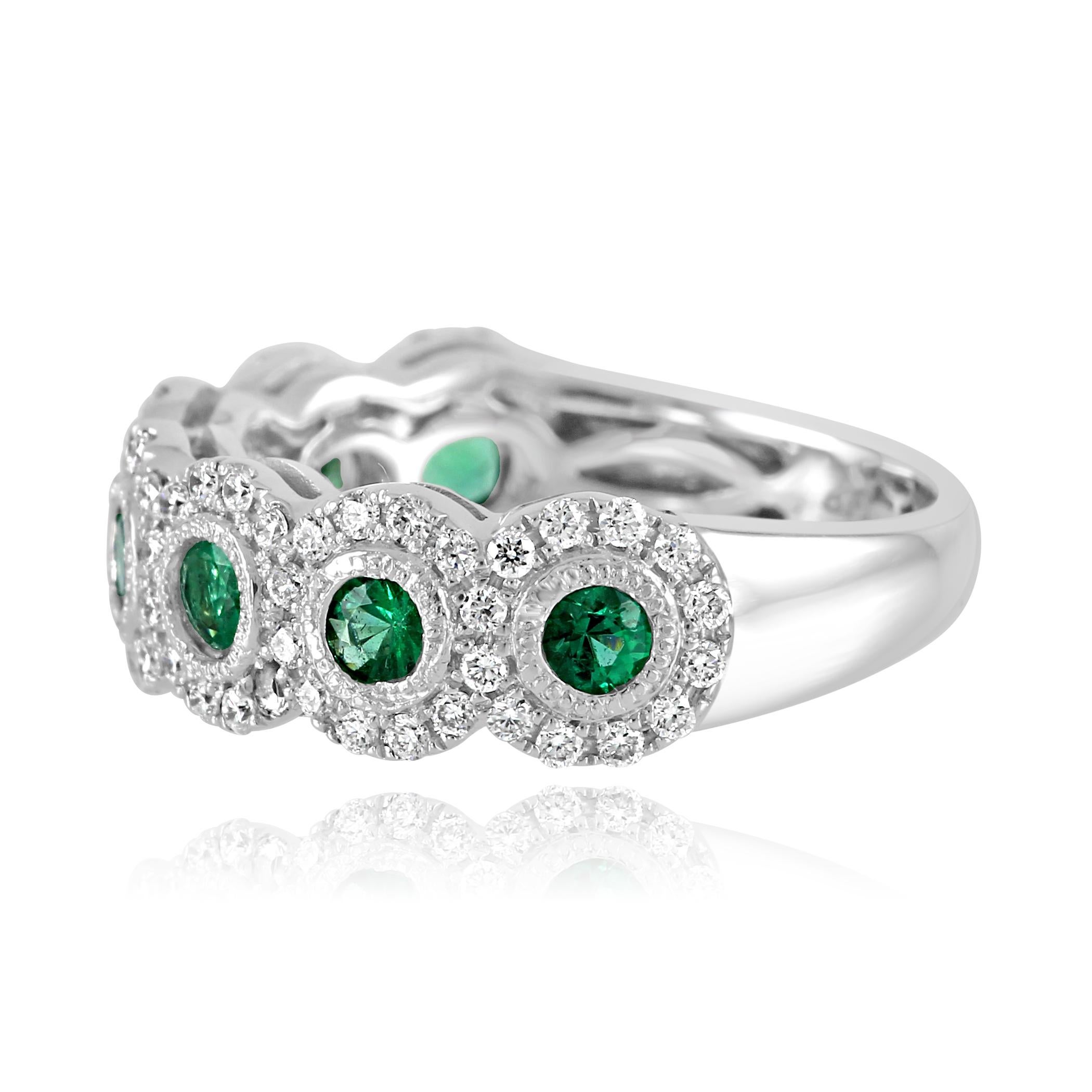 Round Cut Emerald Diamond Single Halo Gold Strackable Fashion Cocktail Milgrain Band Ring