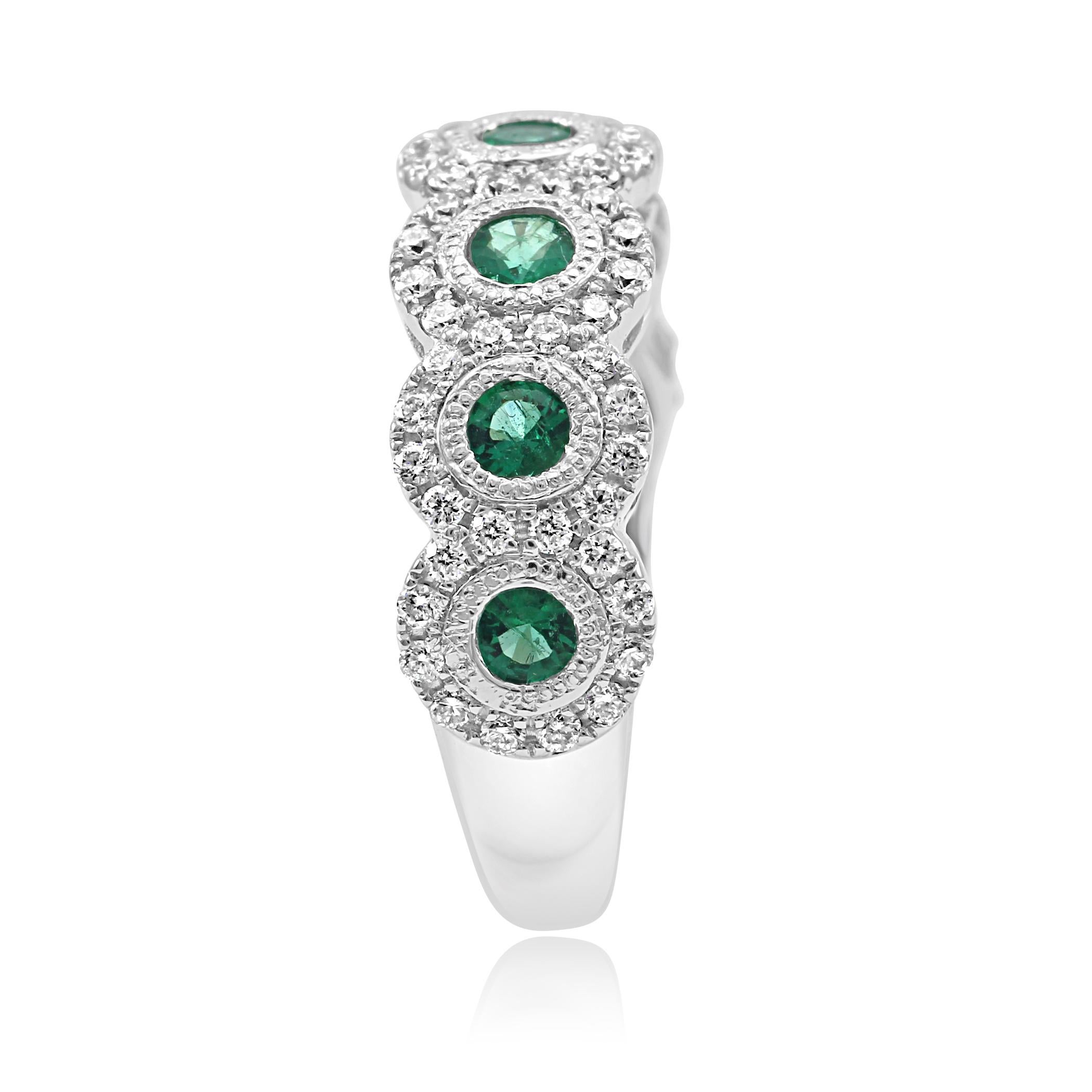 Women's Emerald Diamond Single Halo Gold Strackable Fashion Cocktail Milgrain Band Ring