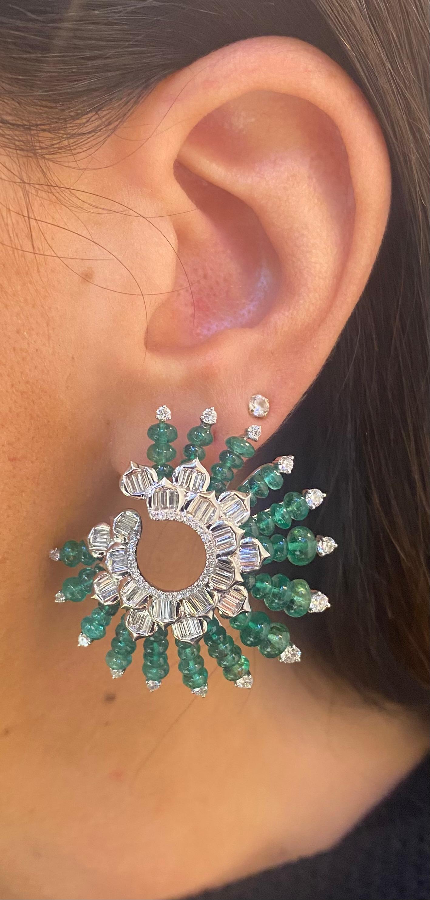 Bead Emerald and Diamond Spiral Earrings For Sale