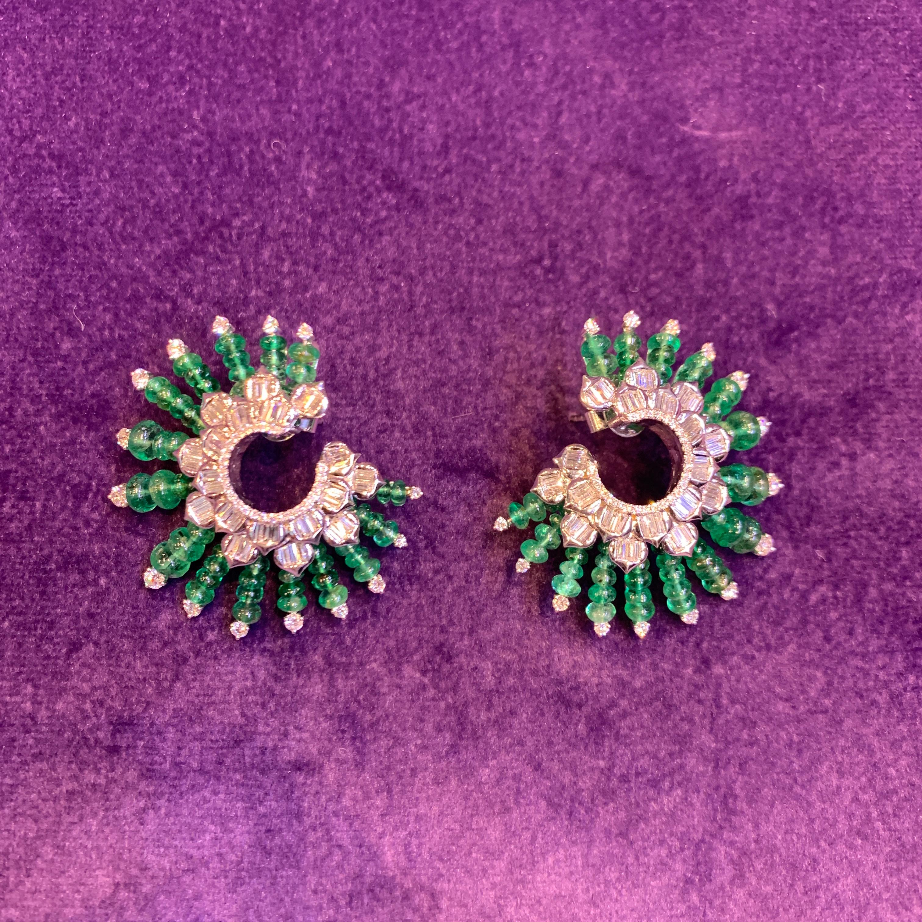 Emerald and Diamond Spiral Earrings For Sale 1