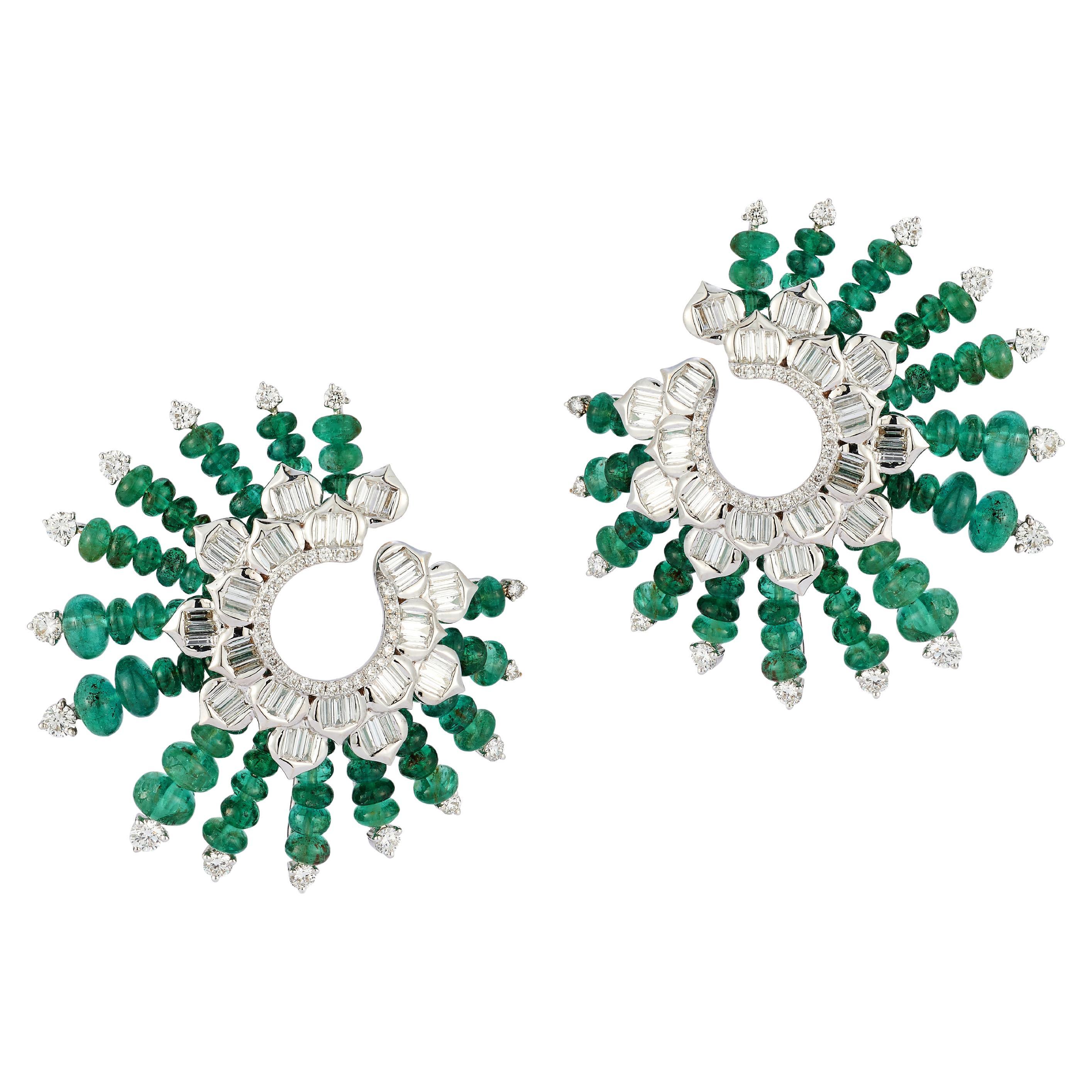 Emerald and Diamond Spiral Earrings For Sale