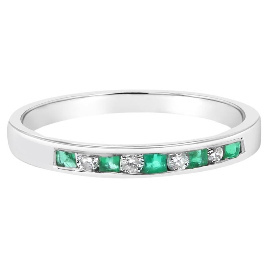Emerald & Diamond Stackable Band 14k White Gold