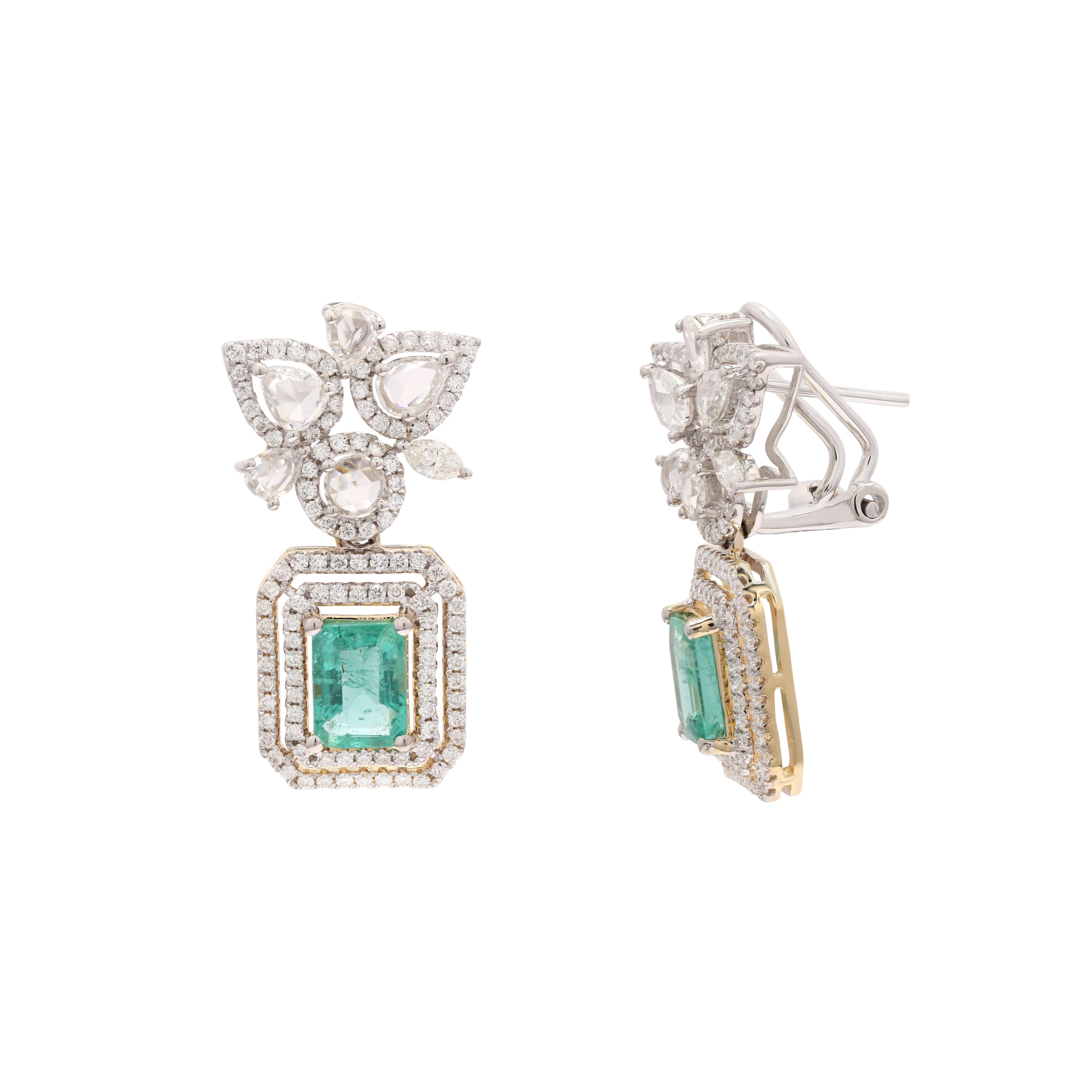 Earrings create a subtle beauty while showcasing the colors of the natural precious gemstones and illuminating diamonds making a statement.

Octagon cut Emerald earrings in 14K gold. Embrace your look with these stunning pair of earrings suitable