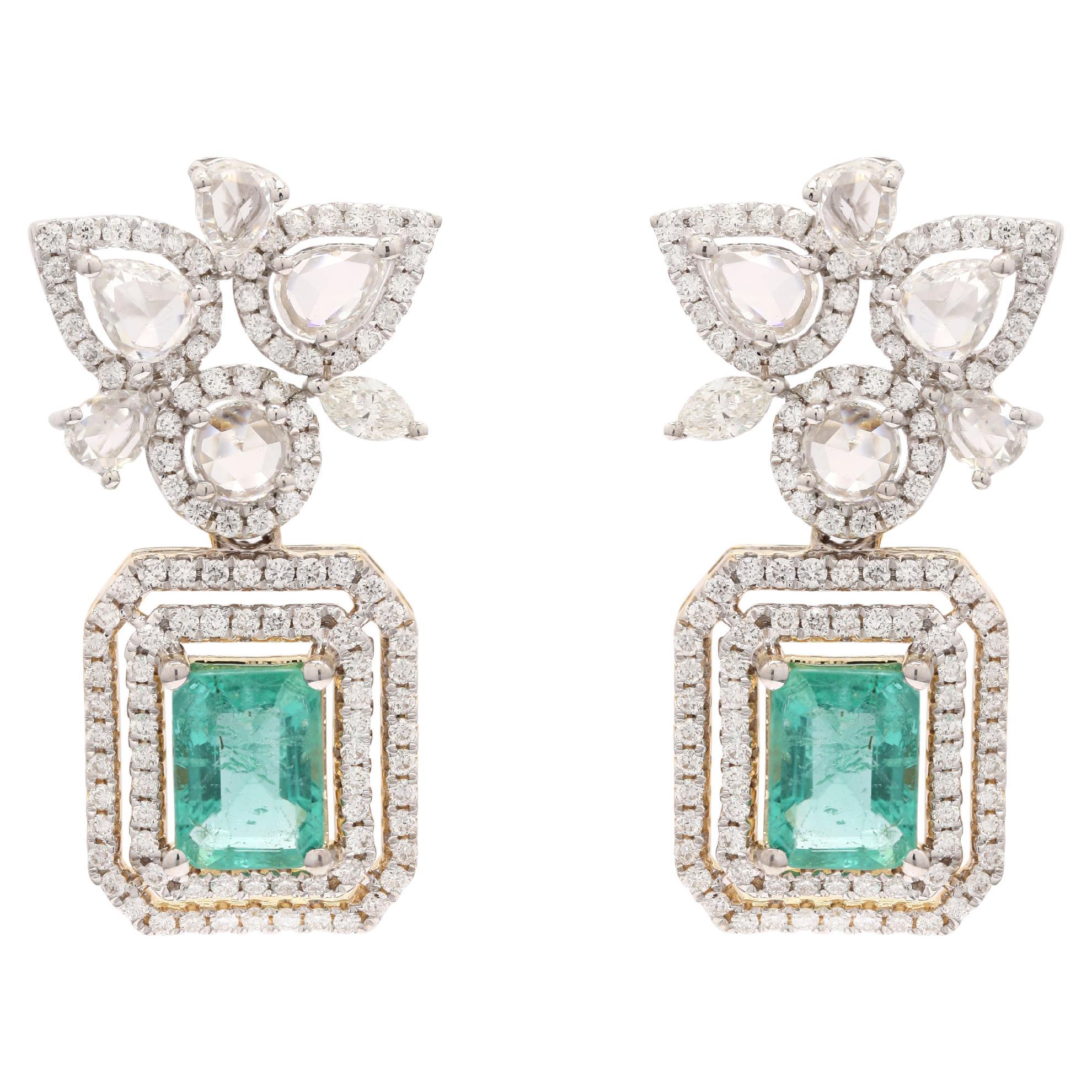 Emerald with Halo of Diamond Statement Clip on Earrings in 14K Solid White Gold 