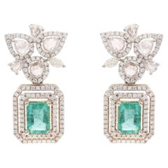 Emerald Diamond Statement Clip on Earrings in 14K Solid White Gold 