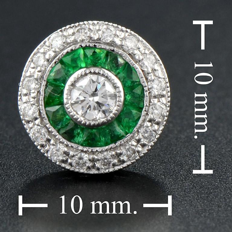 Women's Art Deco Style Round Brilliant Diamond with Emerald Stud Earrings in 18K Gold For Sale