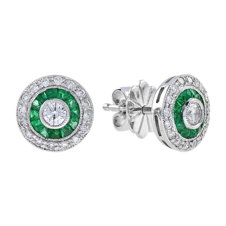 Art Deco Style Round Brilliant Diamond with Emerald Stud Earrings in 18K Gold