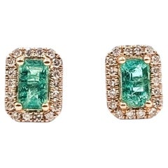Emerald & Diamond Stud Earrings in 14k Rose Gold