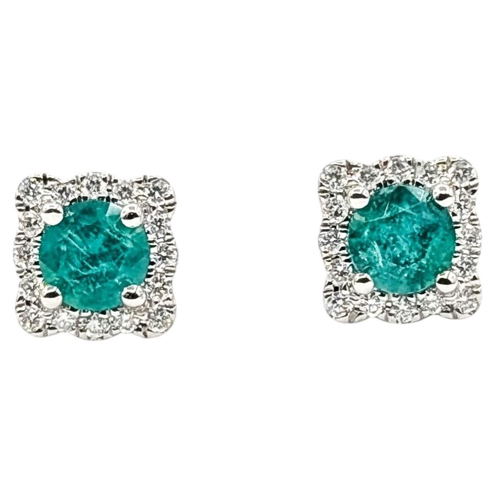 Emerald & Diamond Stud Earrings in 14k White Gold For Sale