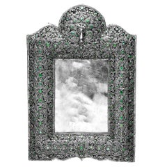 Emerald & Diamond Studded Floral Motif Photo Frame In Gold & Silver