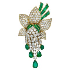 Emerald Diamond Stylized Flower Brooch