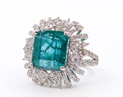 Emerald & Diamond Sunburst Cocktail Ring in 18k White Gold- GIA 6224620942