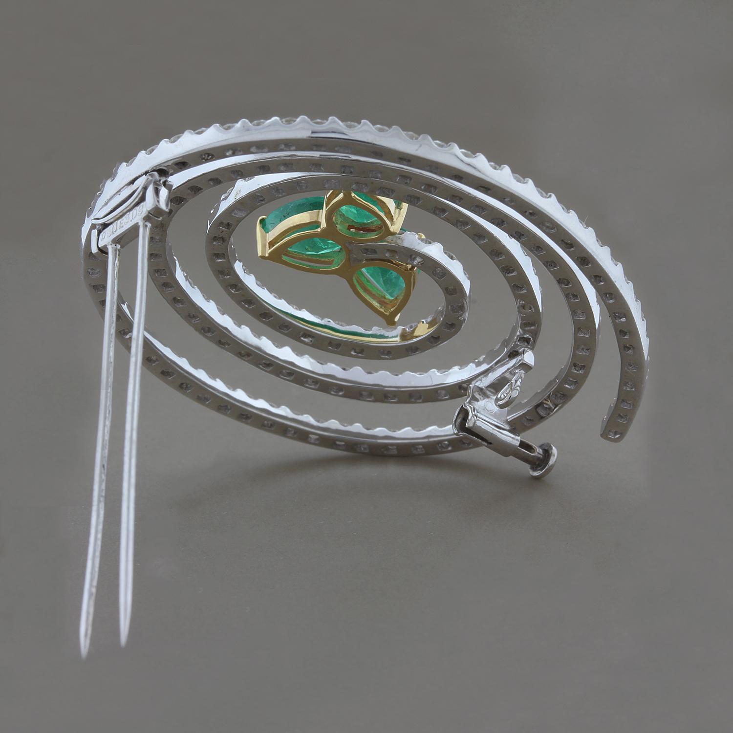 Women's or Men's Emerald Diamond Swirl Gold Brooch