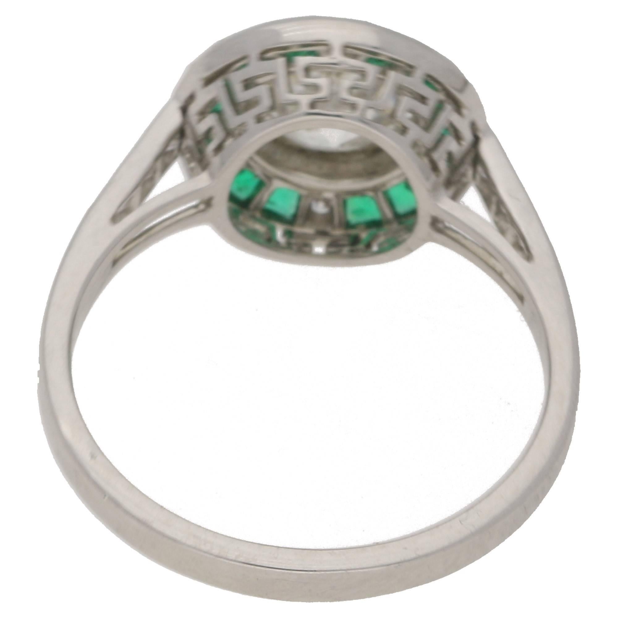 Art Deco Emerald Diamond Target Engagement Ring
