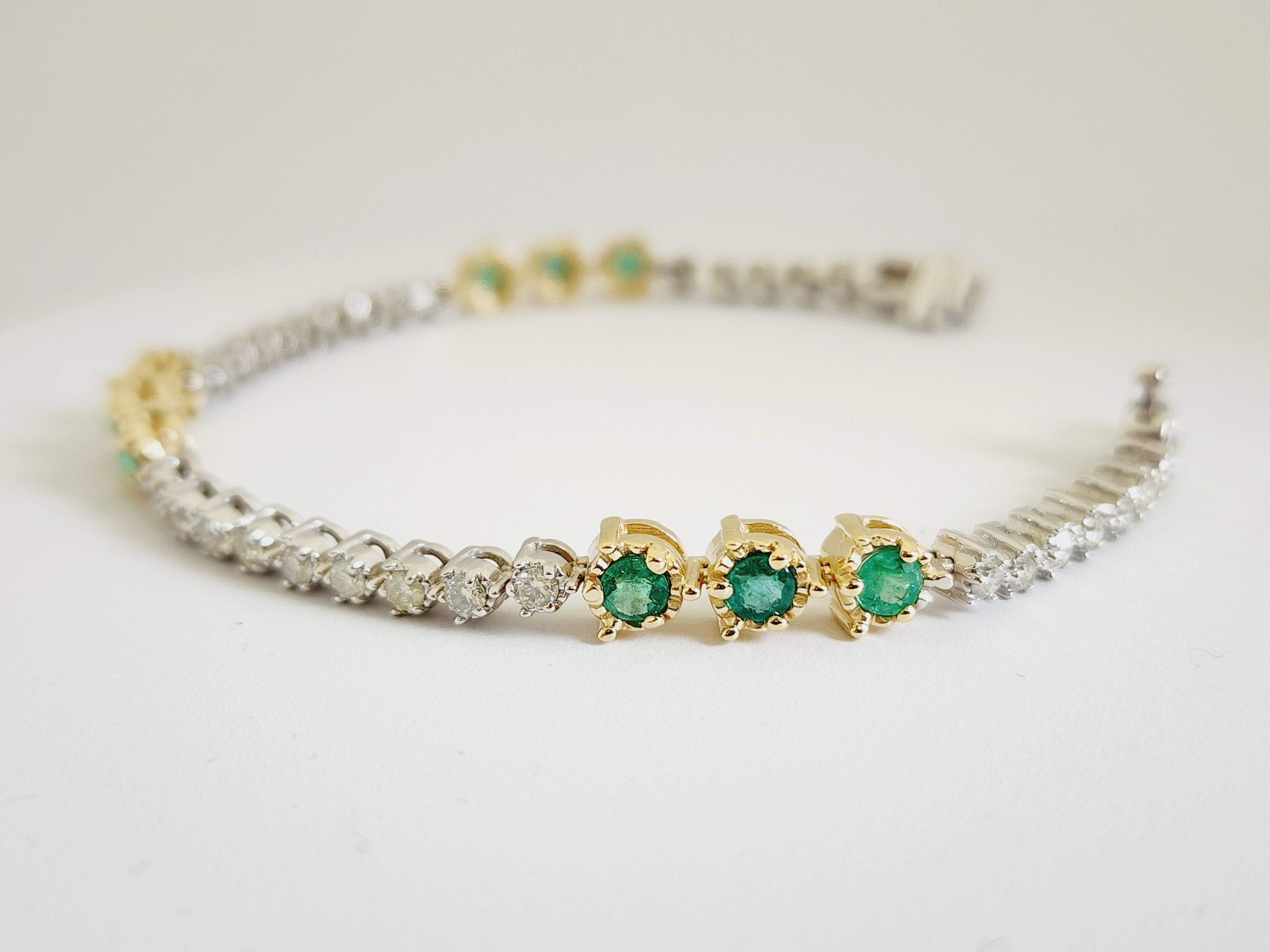 Round Cut Emerald Diamond Tennis Bracelet 14 Karat Two Tone Gold For Sale