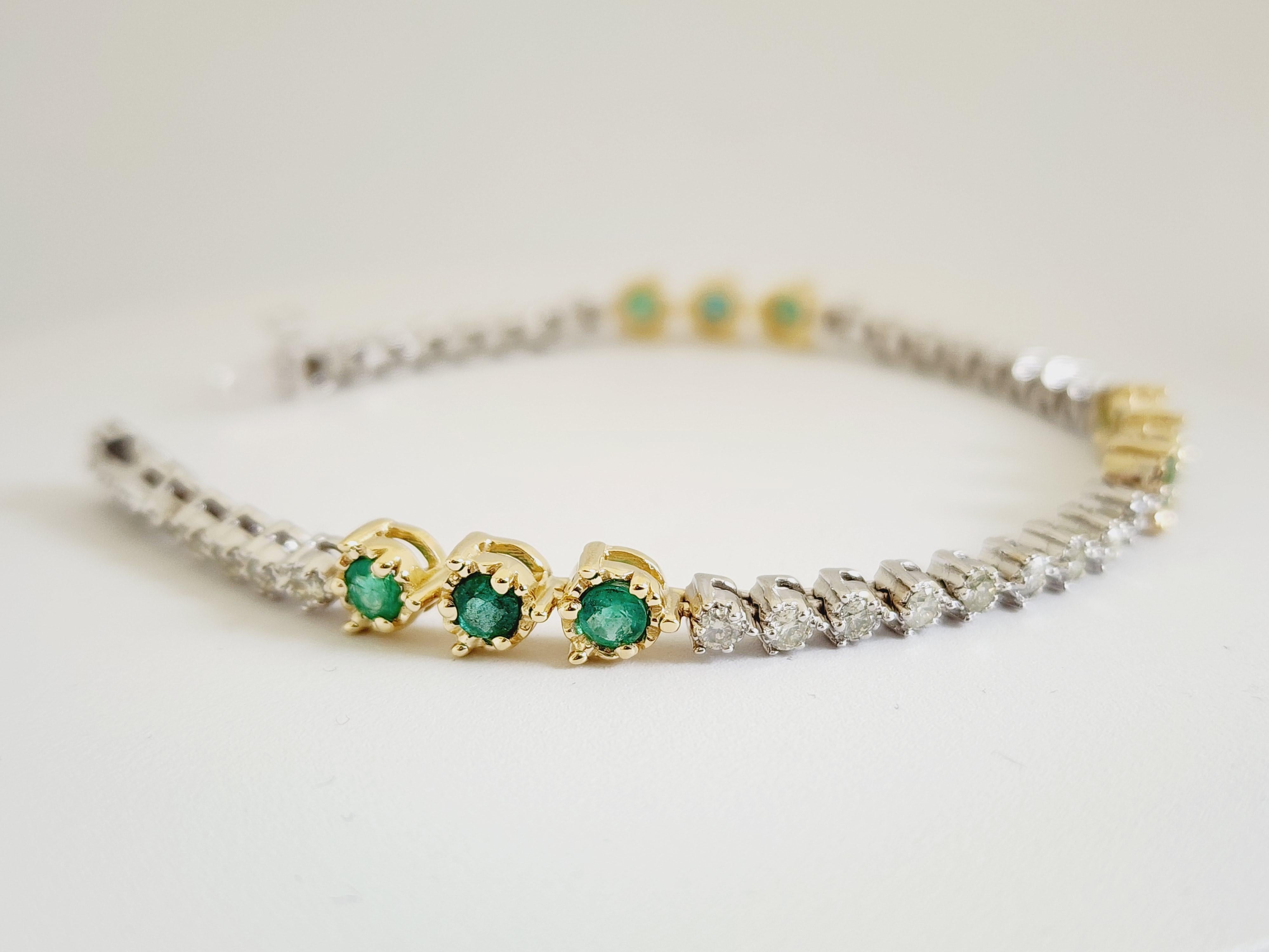 Women's Emerald Diamond Tennis Bracelet 14 Karat Two Tone Gold For Sale
