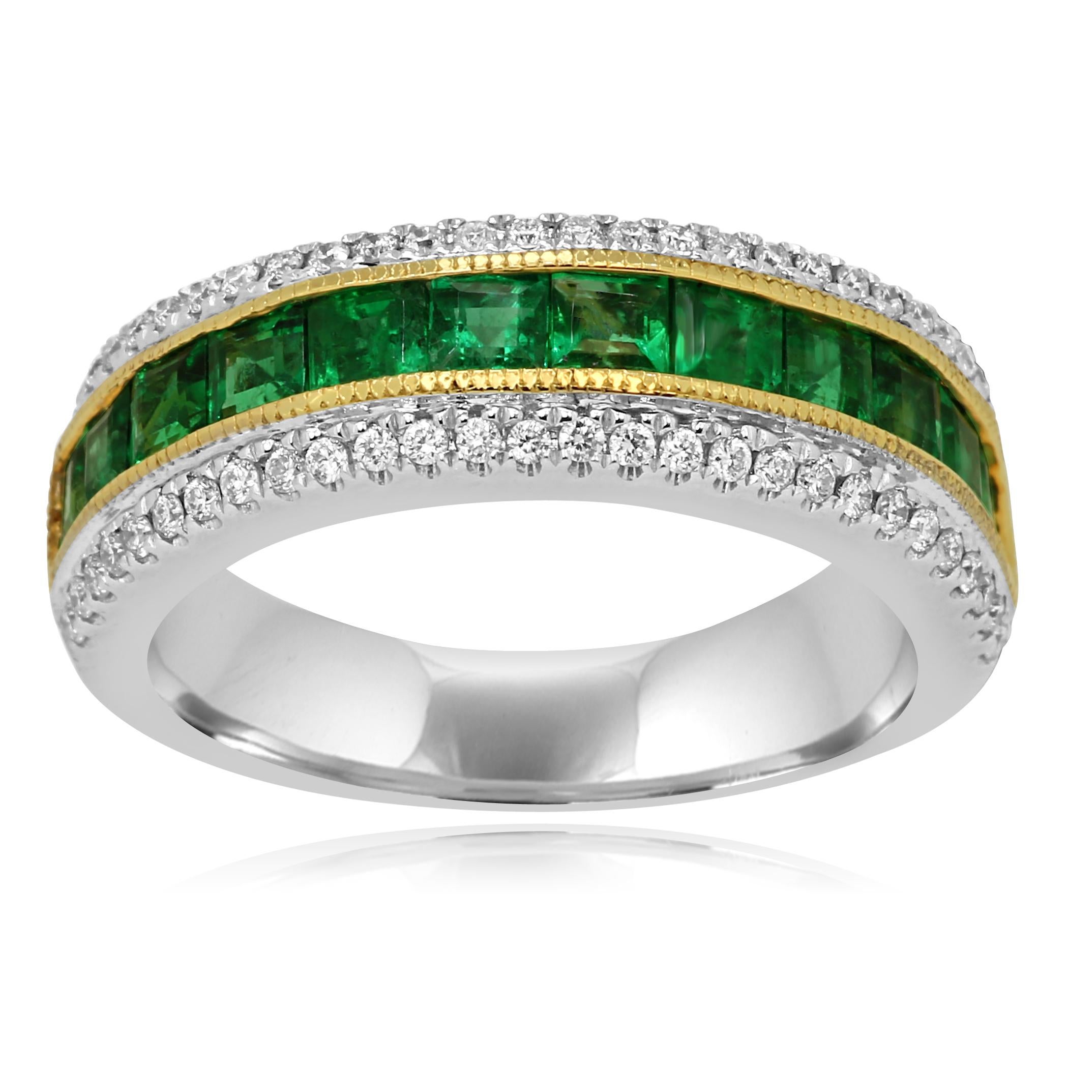 Emerald Princess 1.38 Carat Flanked with Row of White Round Diamond on the sides 0.24 Carat in 14K White and Yellow Gold Stunning Channel Set Cocktail Fashion Band Ring. Total Weight 1.62 Carat

Emerald Weight 1.38 Carat
Diamond Weight 0.24 Carat