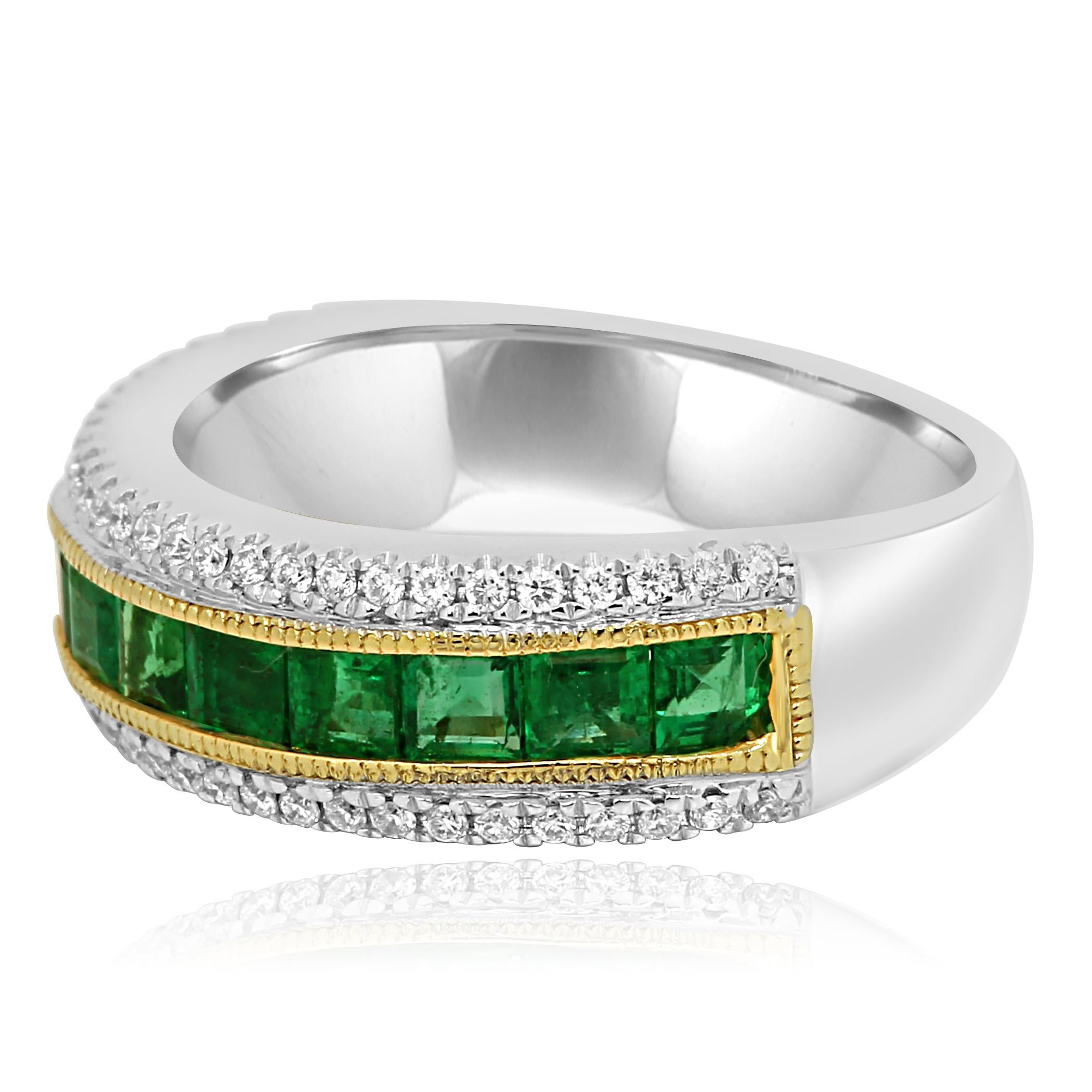 Modern Emerald Diamond Three-Row Channel Set Two-Color Gold Fashion Cocktail Band Ring