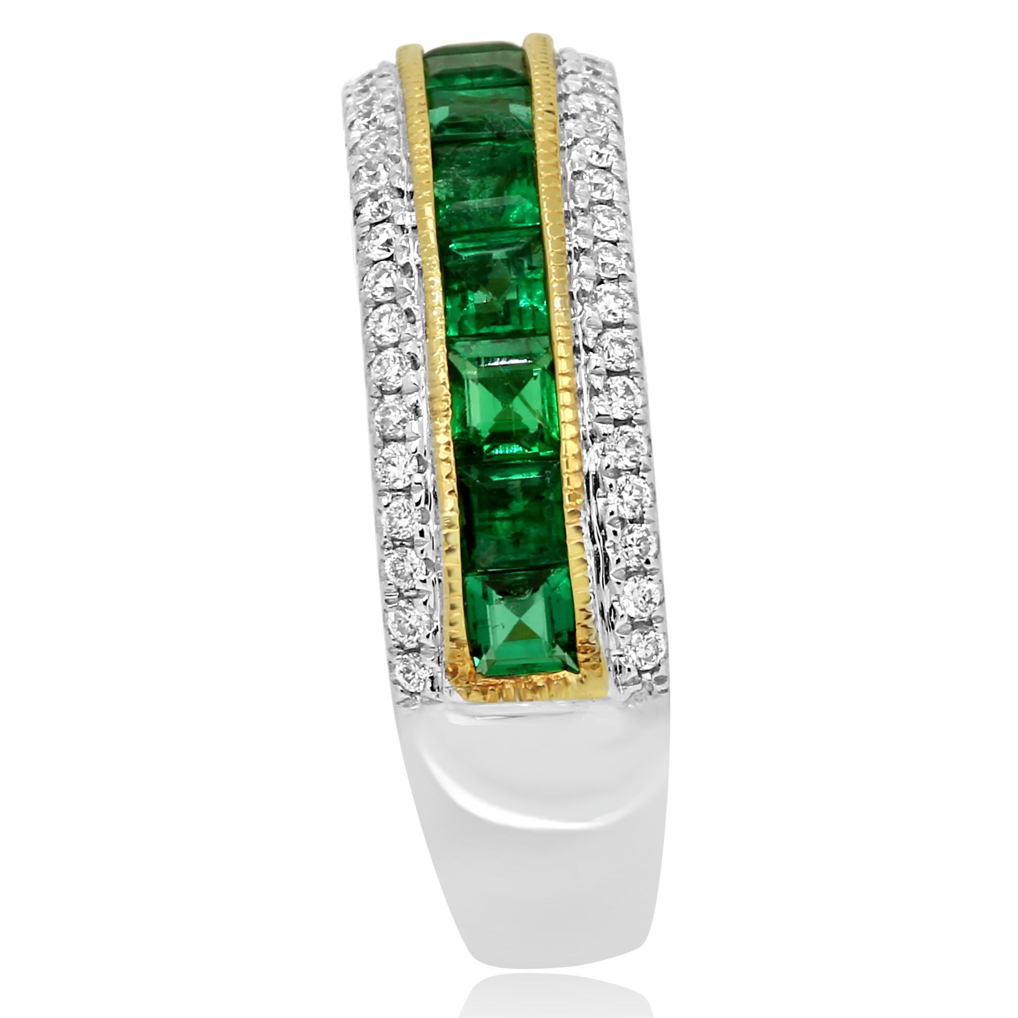 Princess Cut Emerald Diamond Three-Row Channel Set Two-Color Gold Fashion Cocktail Band Ring