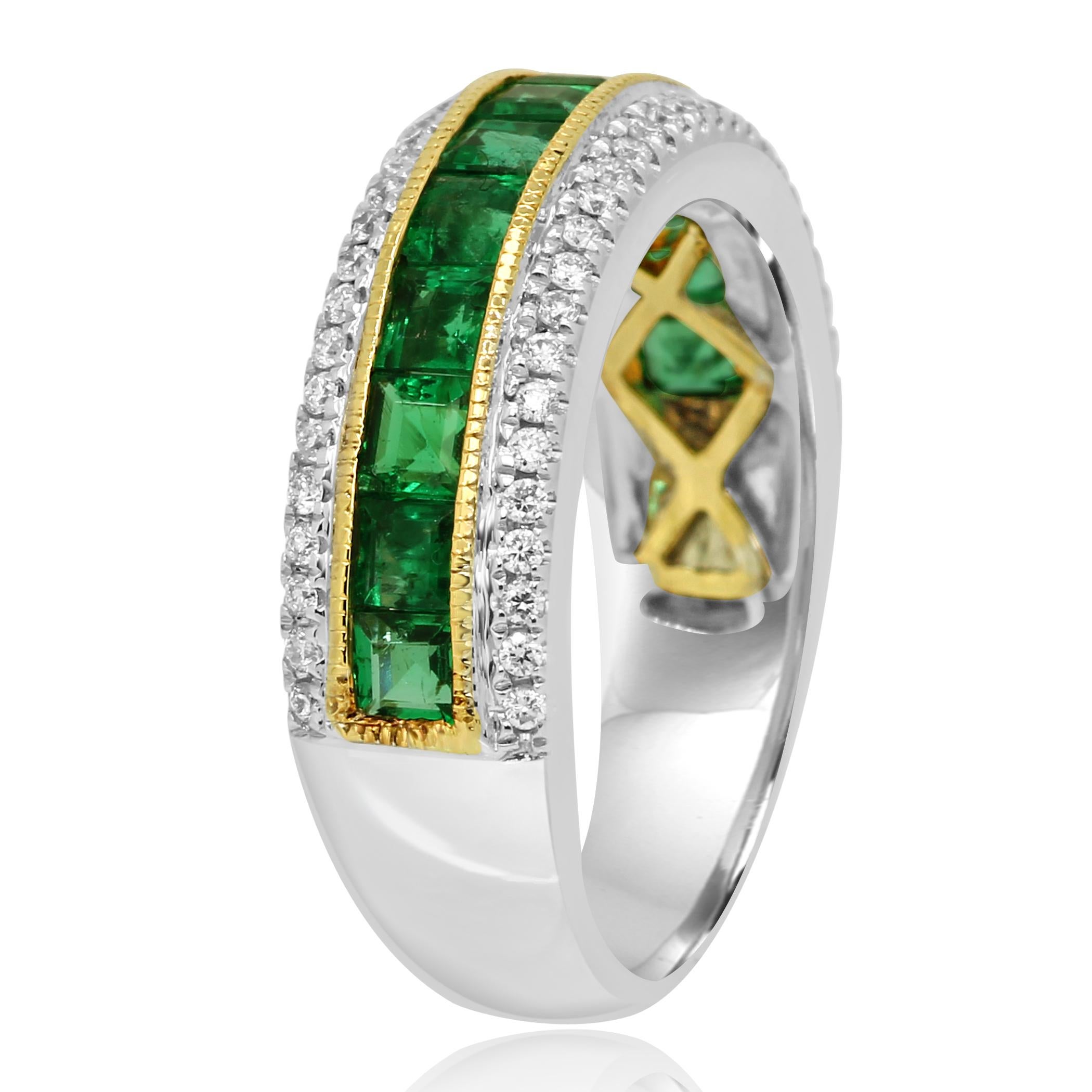 Emerald Diamond Three-Row Channel Set Two-Color Gold Fashion Cocktail Band Ring In New Condition In NEW YORK, NY