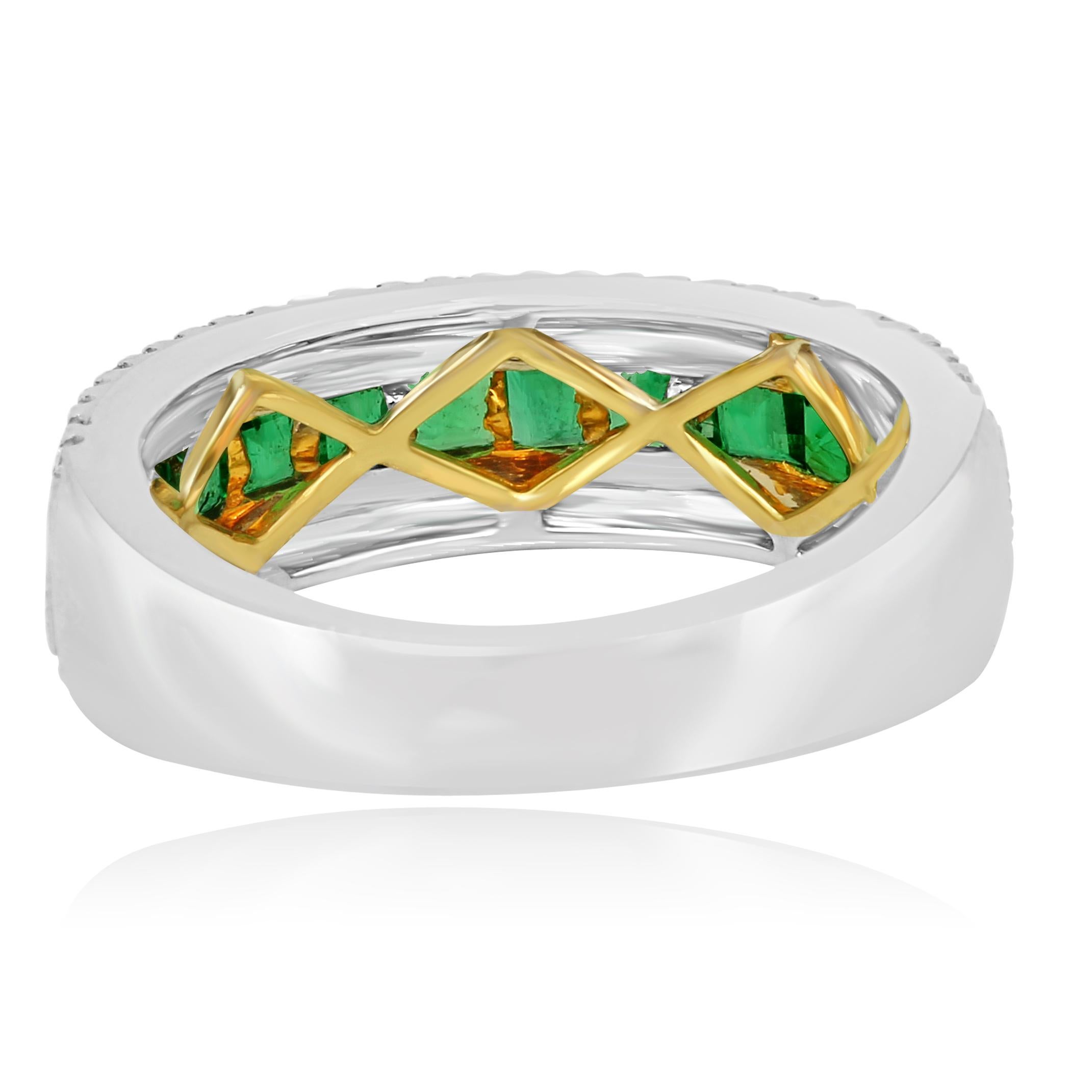 Women's or Men's Emerald Diamond Three-Row Channel Set Two-Color Gold Fashion Cocktail Band Ring