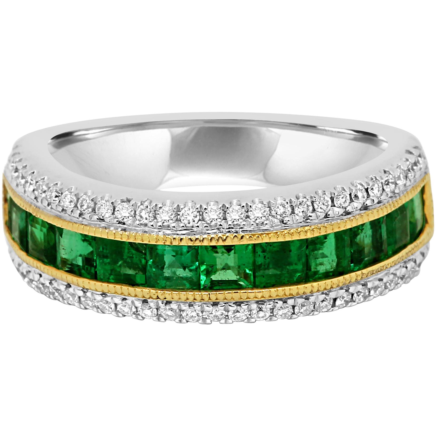Emerald Diamond Three-Row Channel Set Two-Color Gold Fashion Cocktail Band Ring