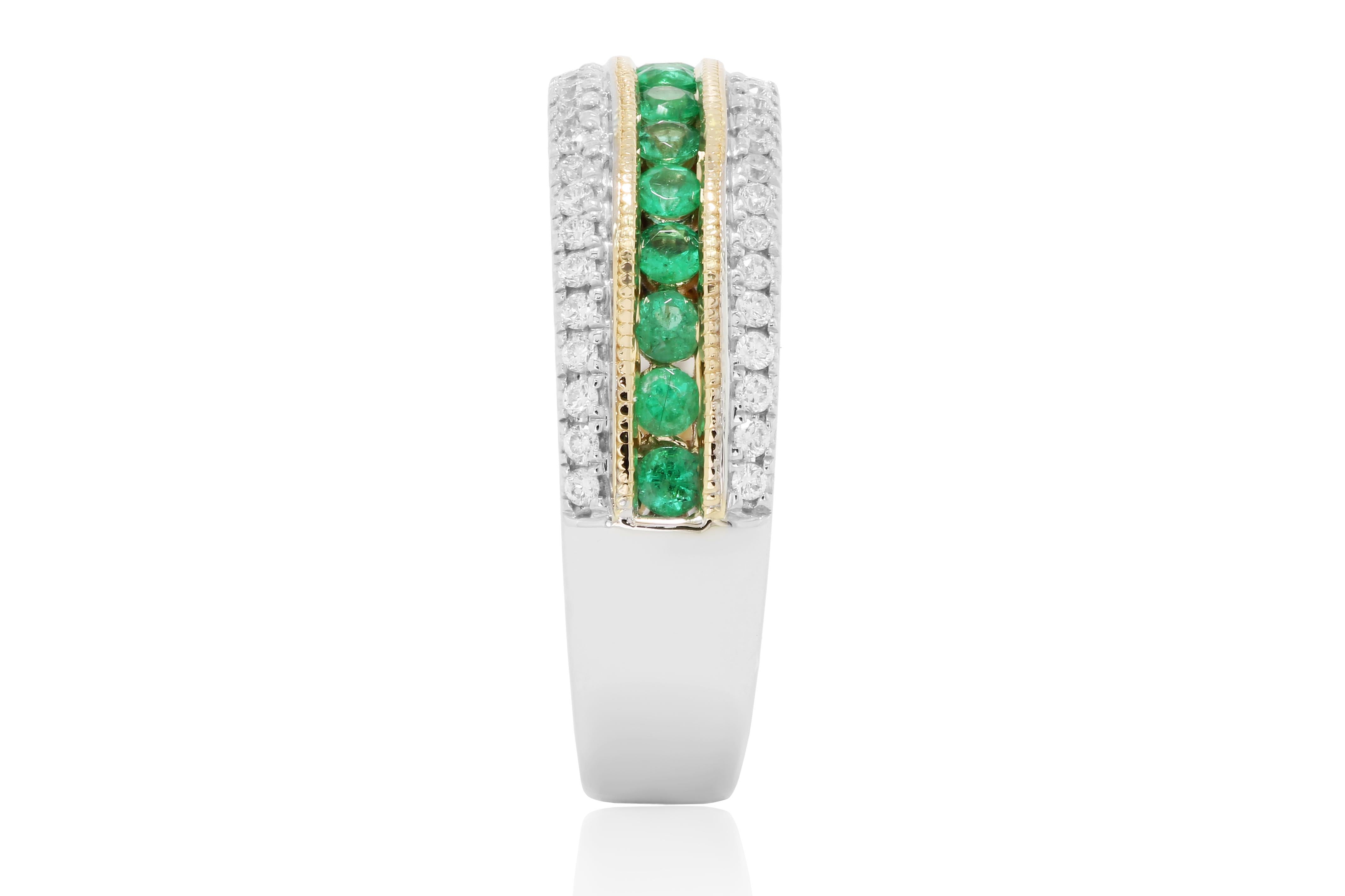 Emerald Rounds 0.34 Carat Flanked with Row of White Round Diamond on the sides 0.23 Carat in 18K White and Yellow Gold Stunning Channel Set Cocktail Fashion Band Ring 

Emerald Weight 0.34 Carat
Total Weight 0.57 Carat