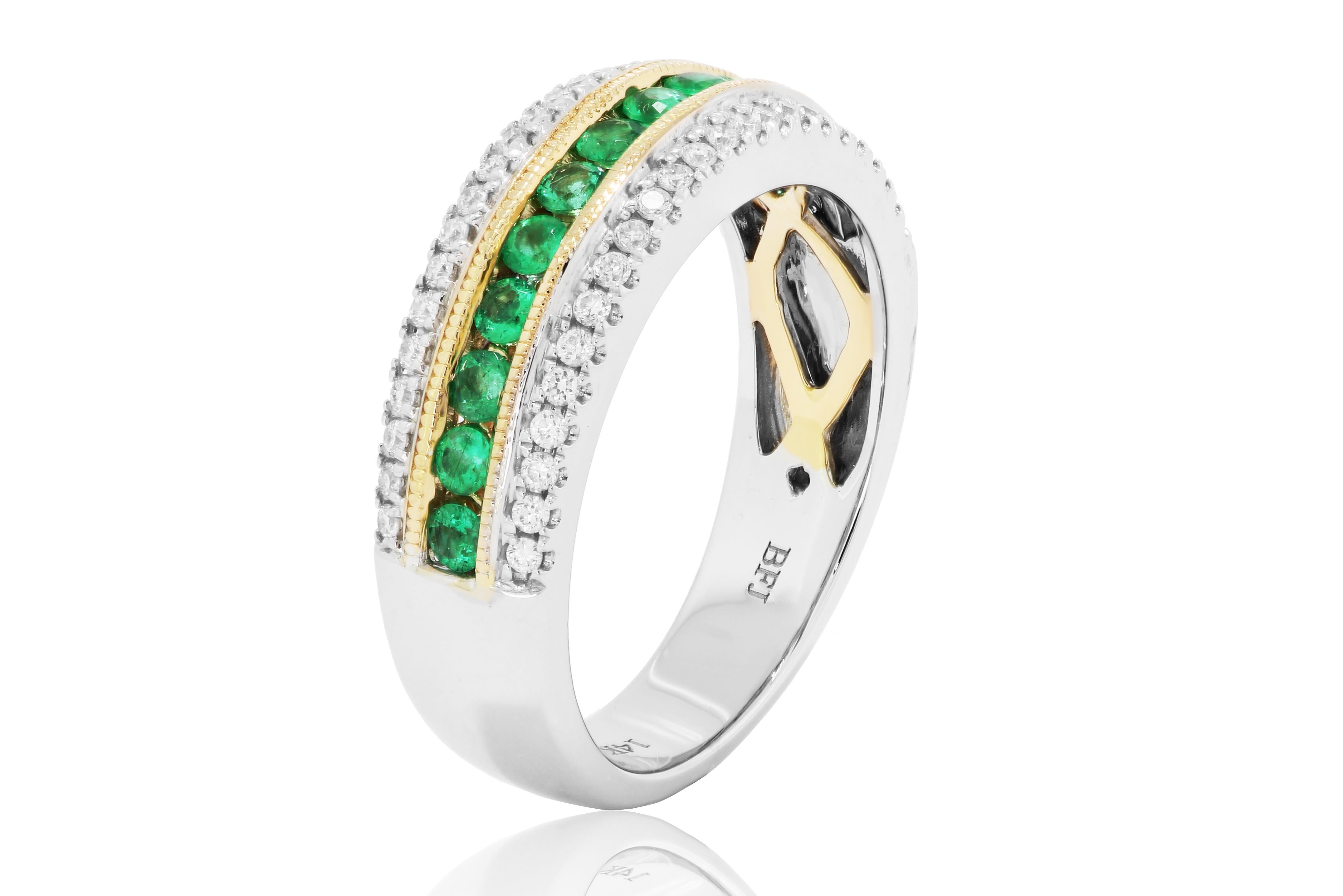 Contemporary Emerald Diamond Three-Row Channel Set Two Color Gold Fashion Cocktail Band Ring