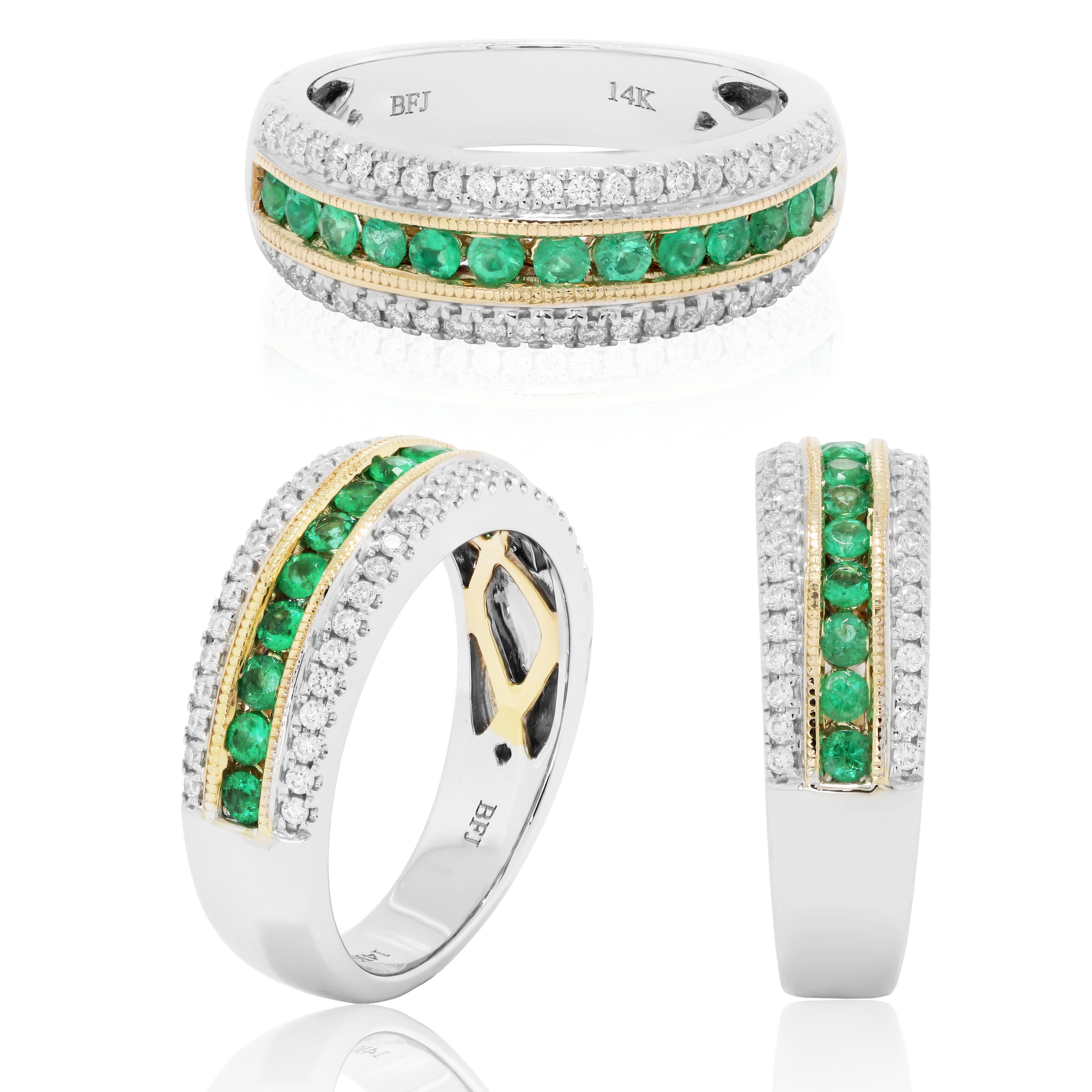 Round Cut Emerald Diamond Three-Row Channel Set Two Color Gold Fashion Cocktail Band Ring
