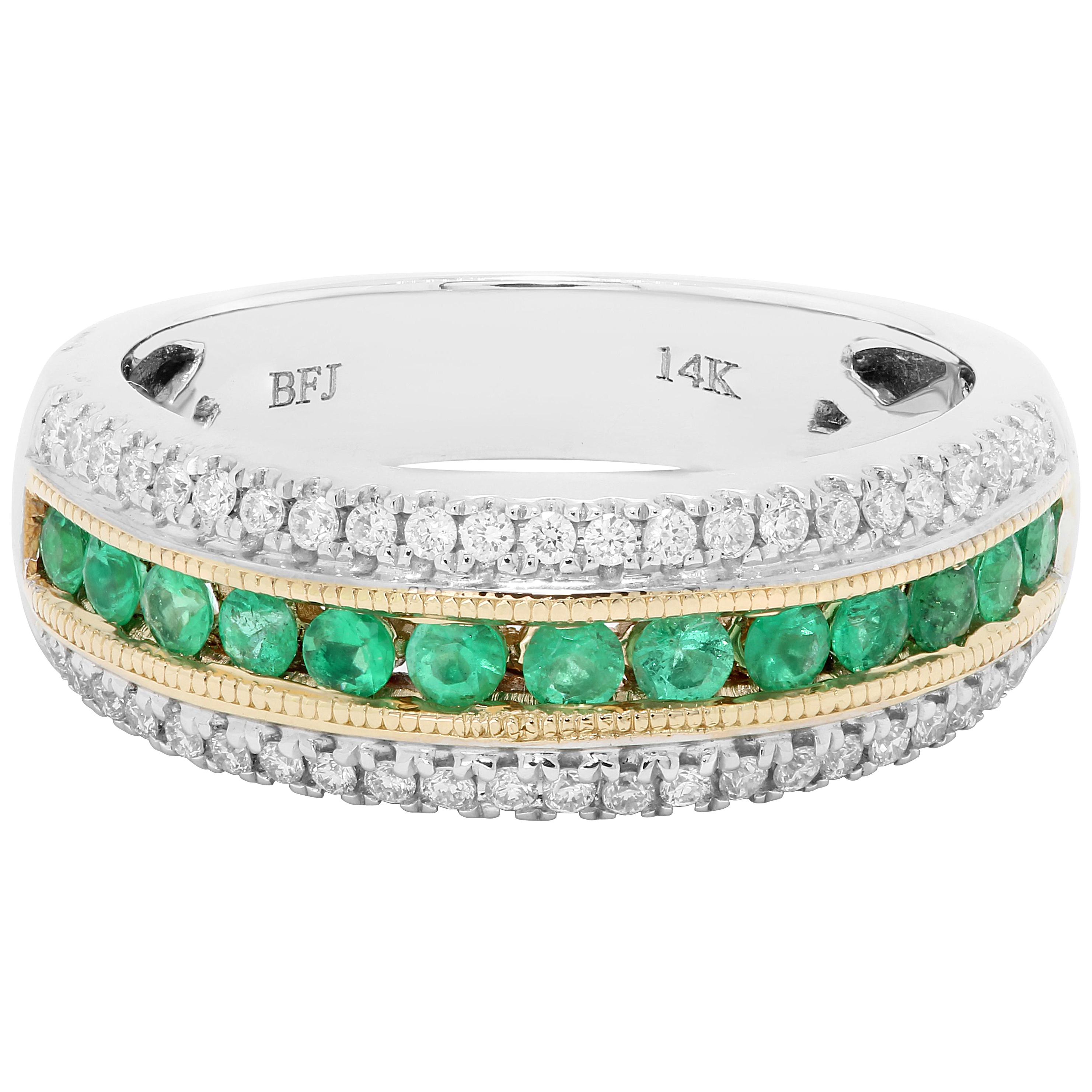 Emerald Diamond Three-Row Channel Set Two Color Gold Fashion Cocktail Band Ring